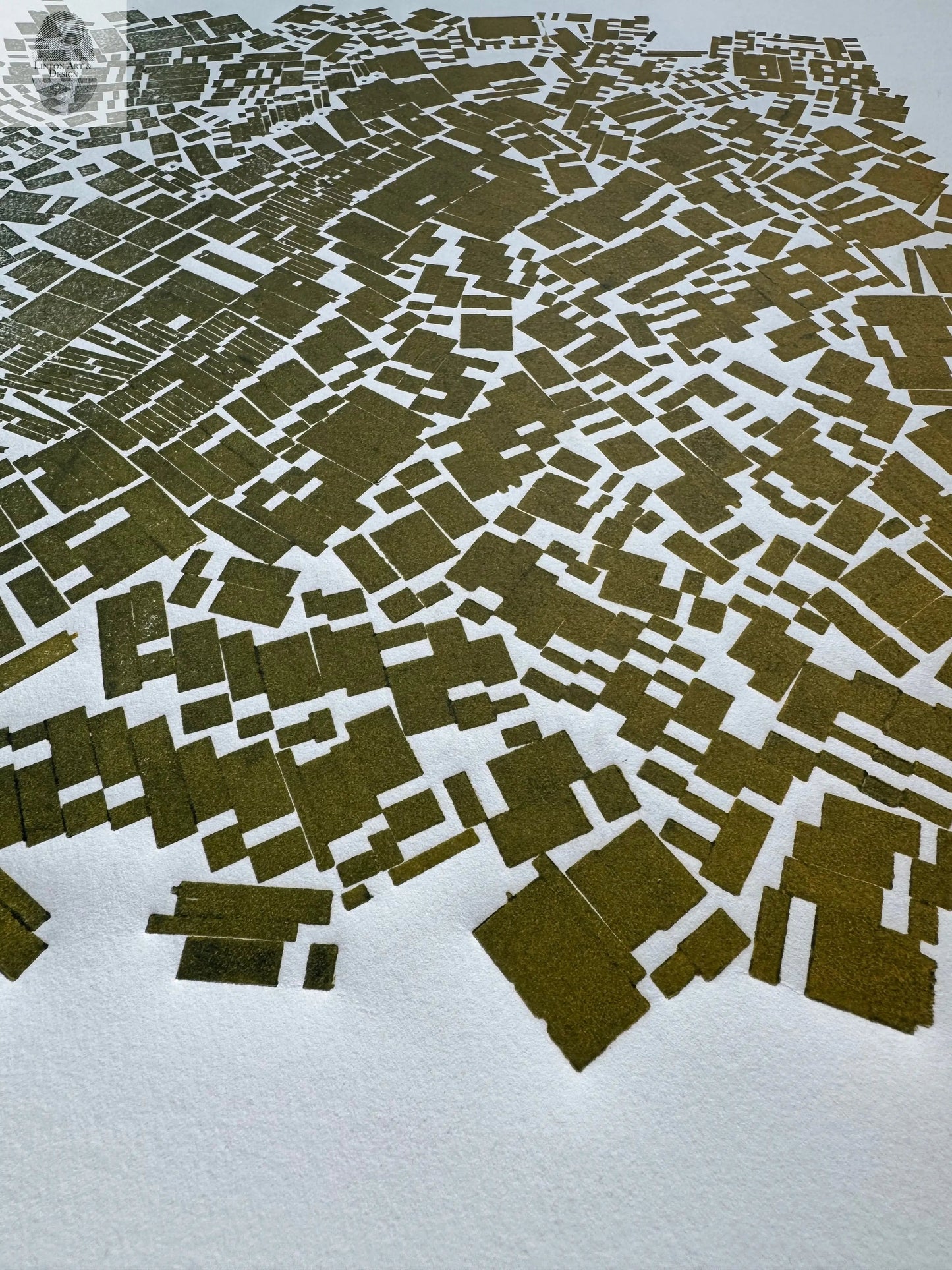 "Holding Pattern" Abstract Green Letter Type MonoPrint 18.75x21 inches lintonart