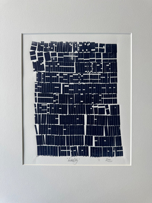 Abstract Navy Blue Letter Type, Monotype, Matted, 19.5x17.5 inches