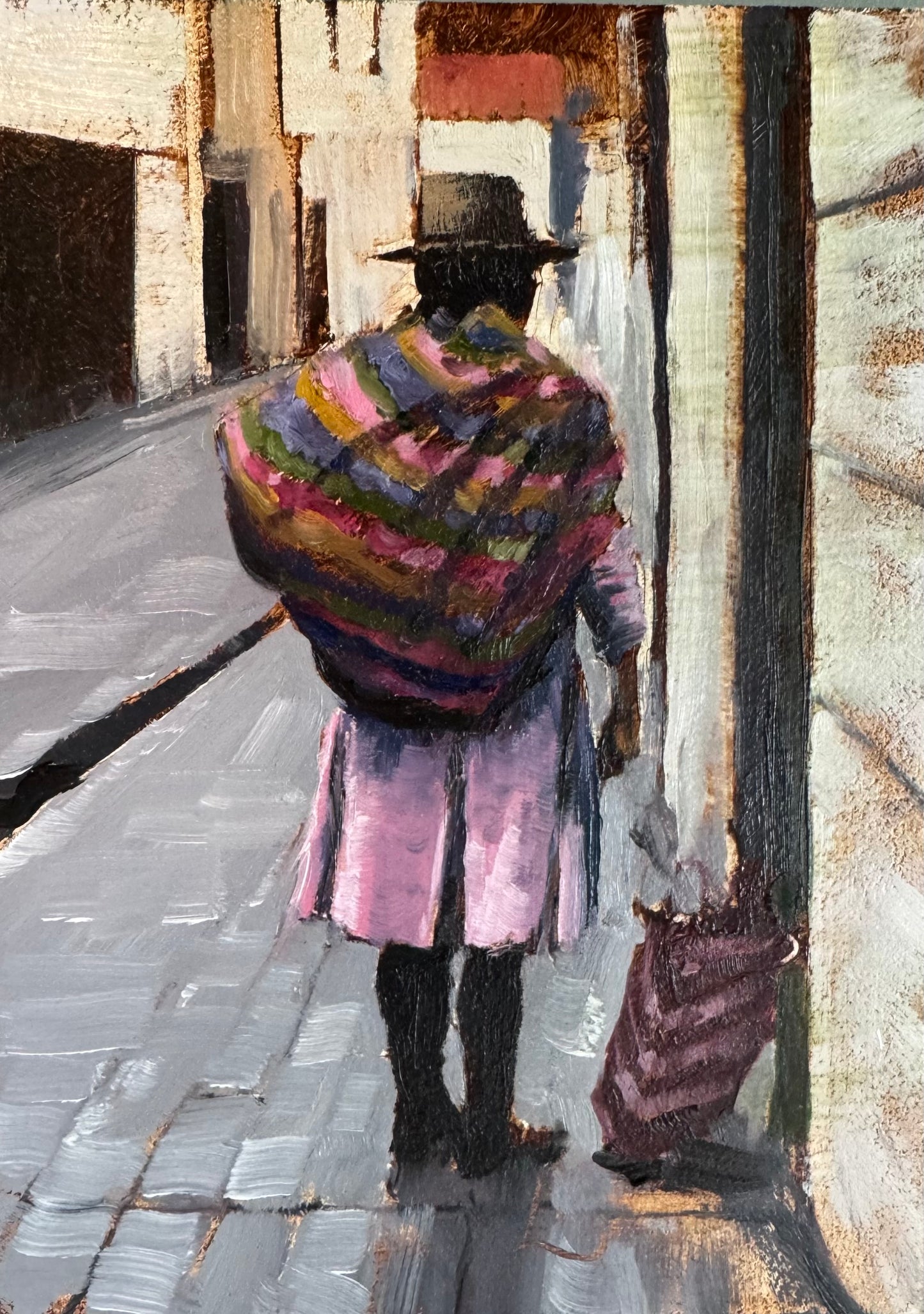 Original Oil Painting of a Woman on her way to the market in Peru, 5x7 inches, Signed