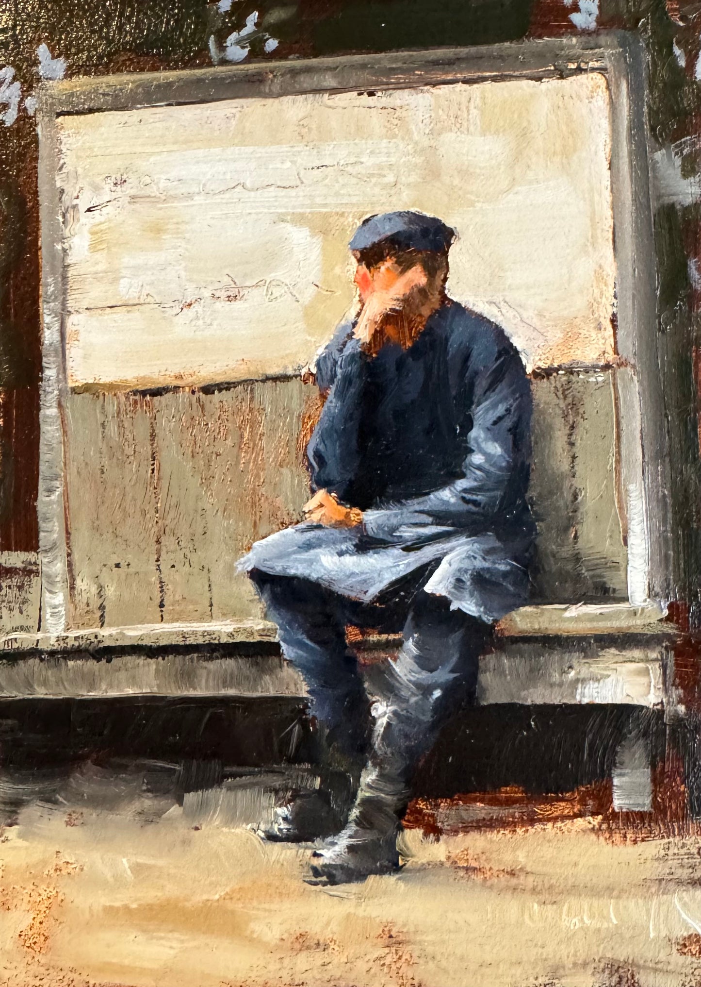 Original oil Painting, 5x7 inches. Man waiting for a ride