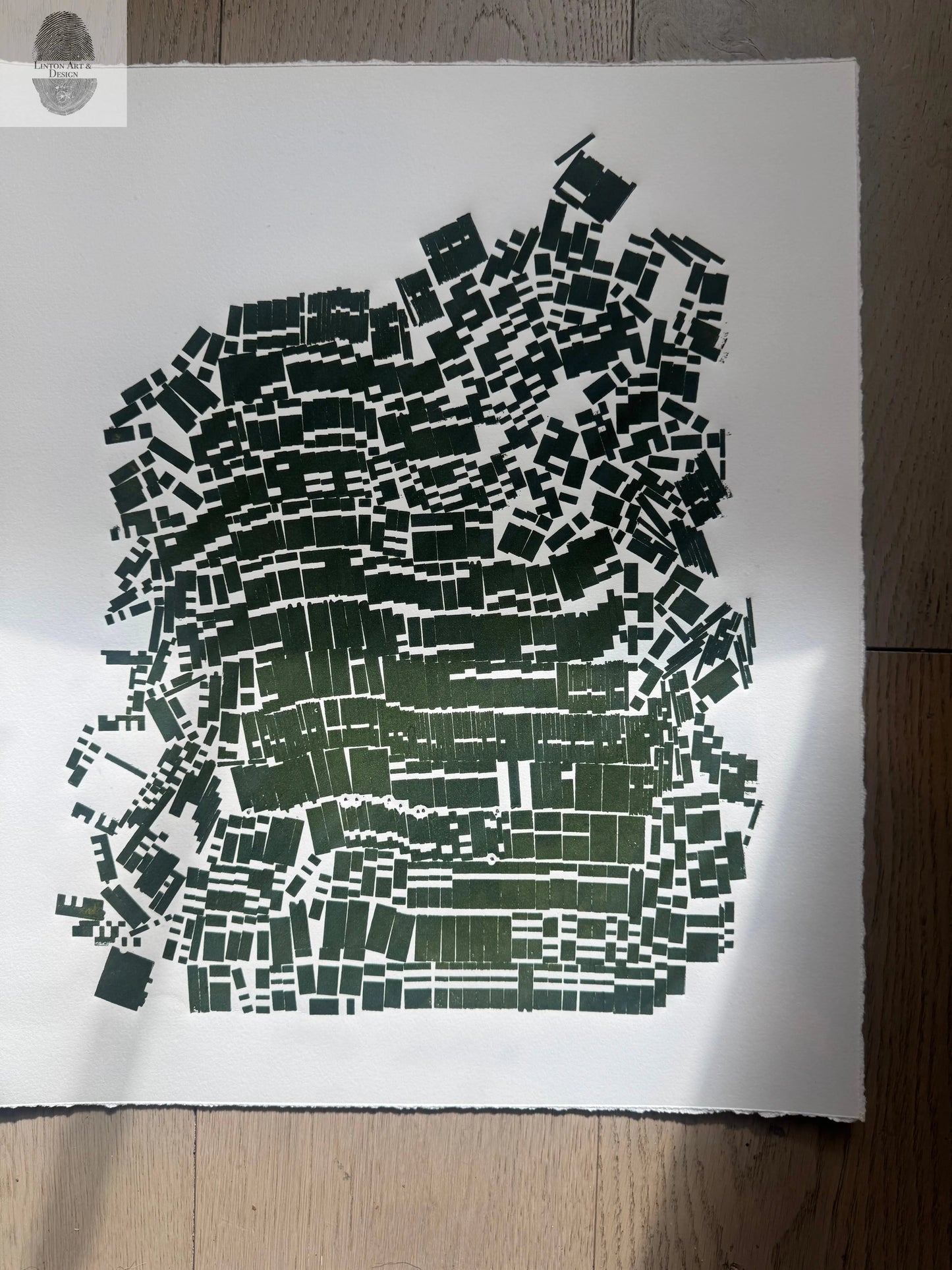 "Keep It Together" Abstract Green letter Type MonoPrint 19x16 inches lintonart