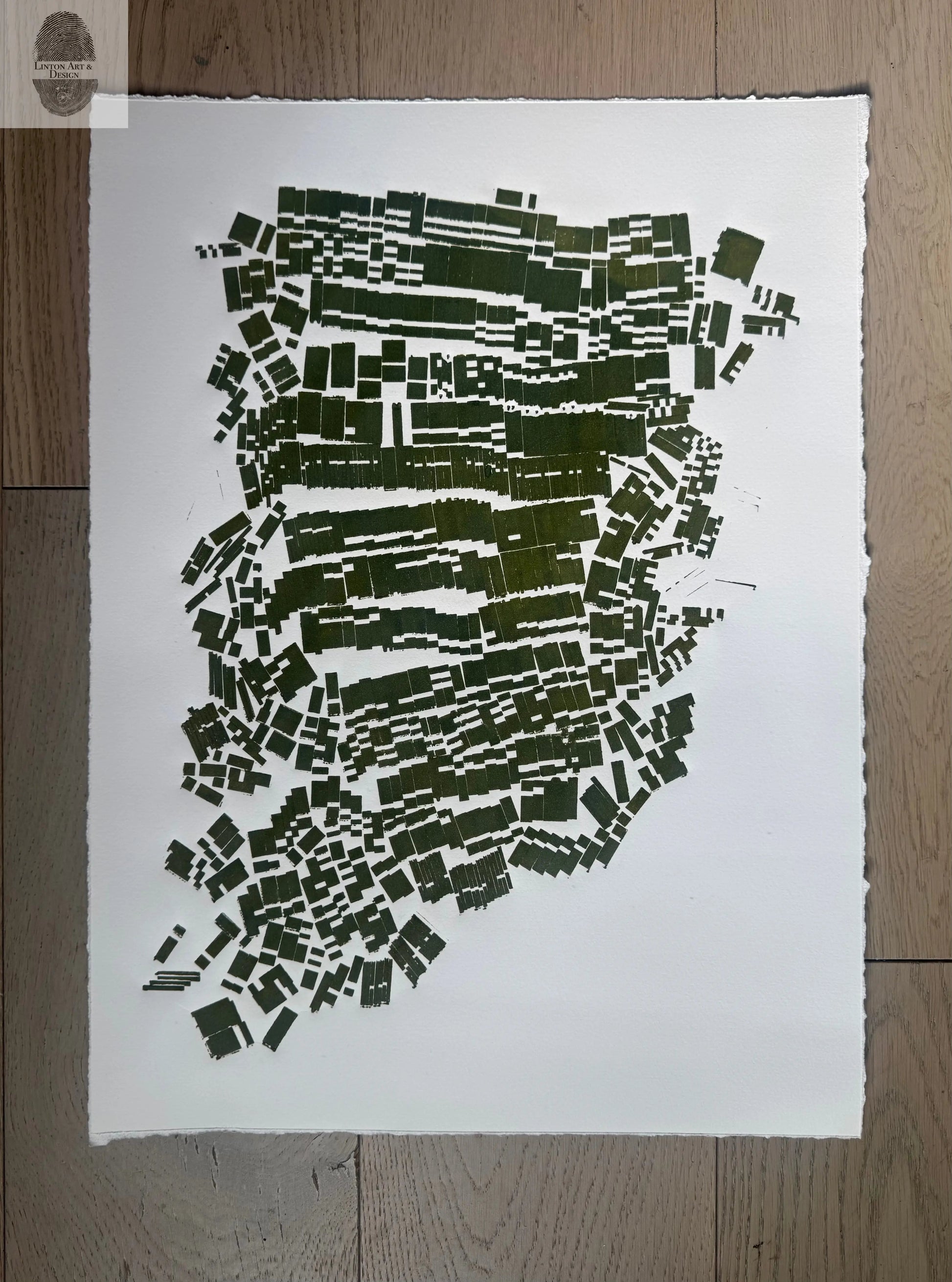 "Landslide" Abstract Green letter Type MonoPrint 21.5x16 inches lintonart