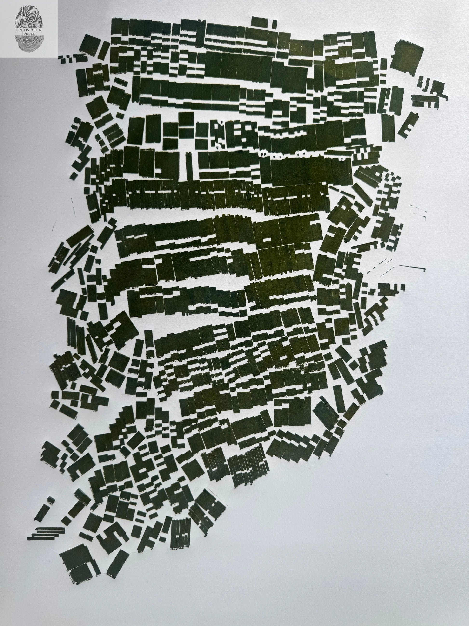 "Landslide" Abstract Green letter Type MonoPrint 21.5x16 inches lintonart