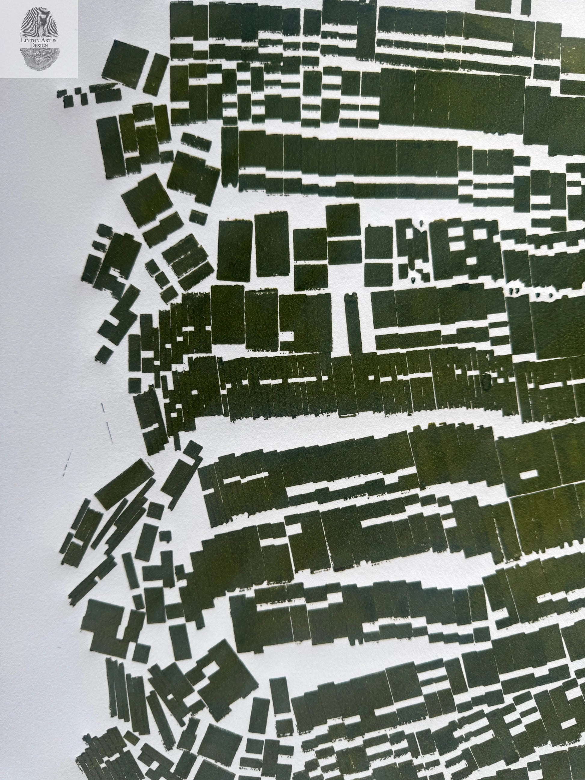 "Landslide" Abstract Green letter Type MonoPrint 21.5x16 inches lintonart