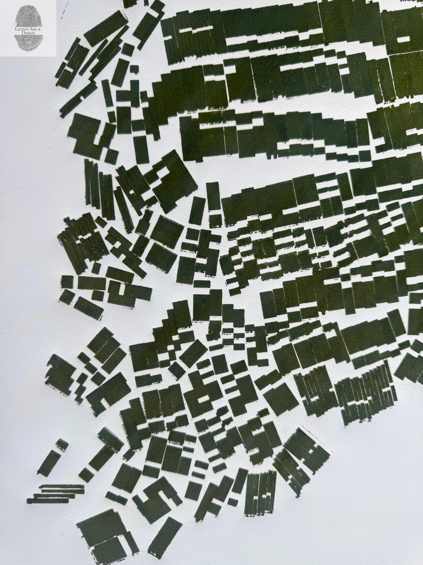 "Landslide" Abstract Green letter Type MonoPrint 21.5x16 inches lintonart