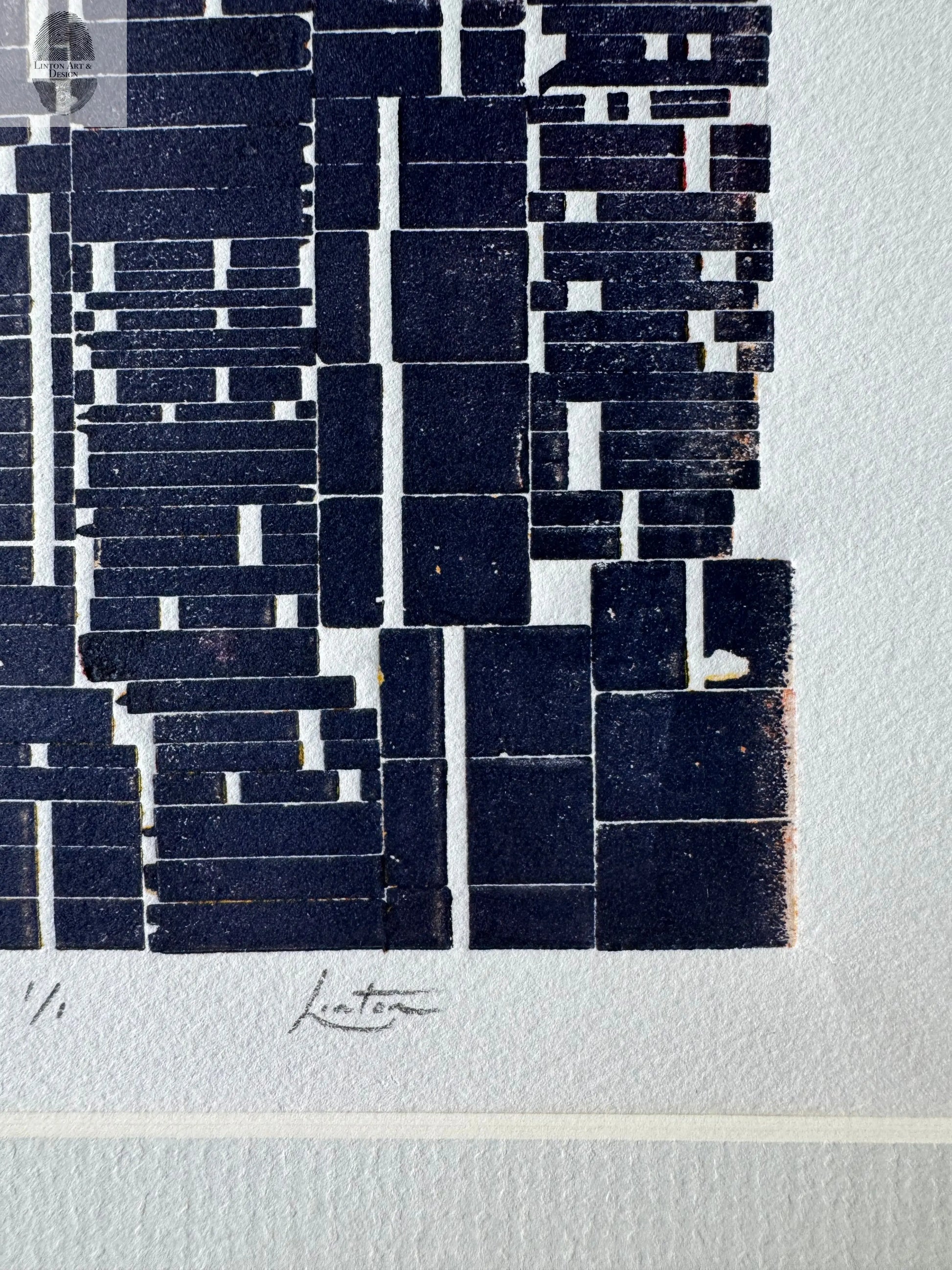 Navy Blue Abstract Monotype Print, Letter Type Print, Matted, 16x19 inches lintonart