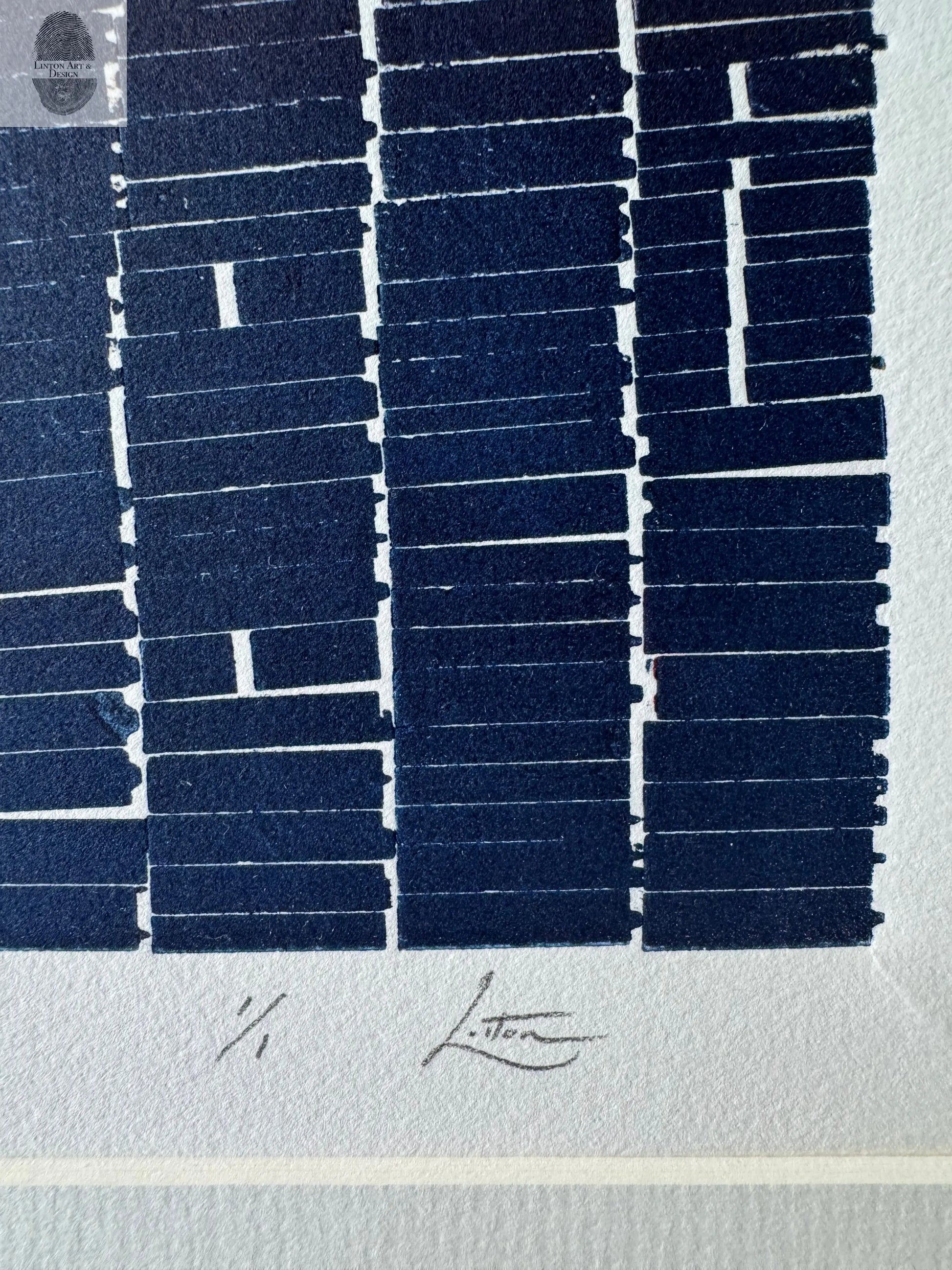 Navy Blue Abstract Monotype Print, Letter Type Print, Matted, 16x19 inches lintonart