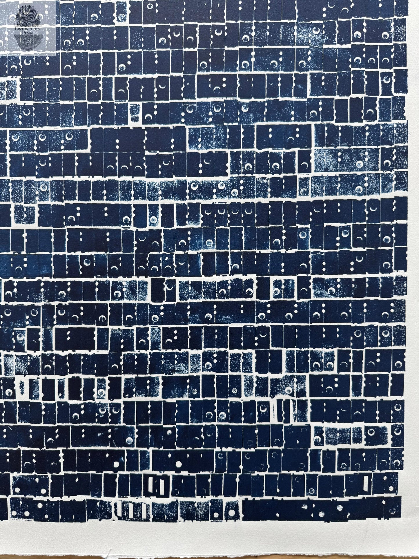 "Pattern Seeking" Abstract Navy Blue Letter Type, Monotype, 18.5X24 Inches lintonart