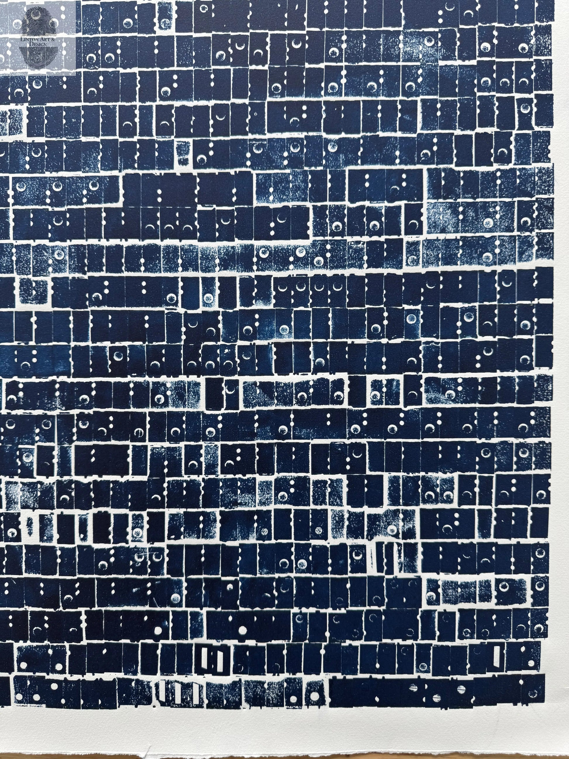 "Pattern Seeking" Abstract Navy Blue Letter Type, Monotype, 18.5X24 Inches lintonart