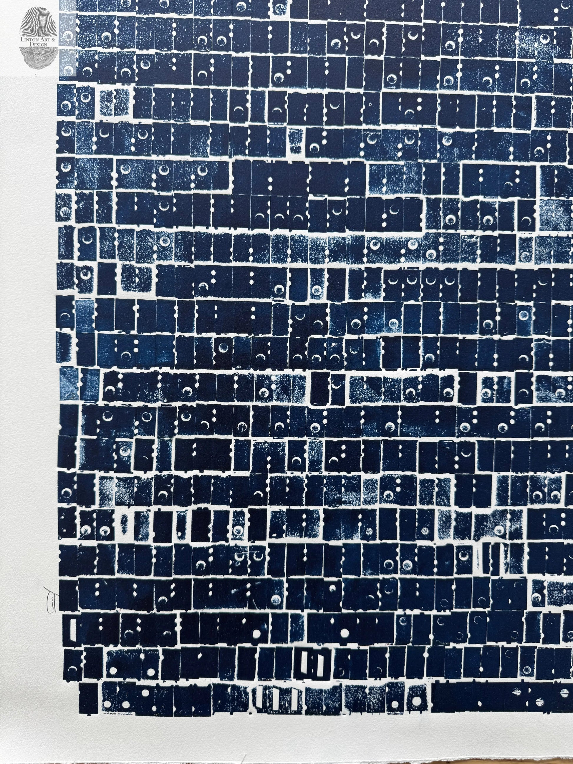 "Pattern Seeking" Abstract Navy Blue Letter Type, Monotype, 18.5X24 Inches lintonart