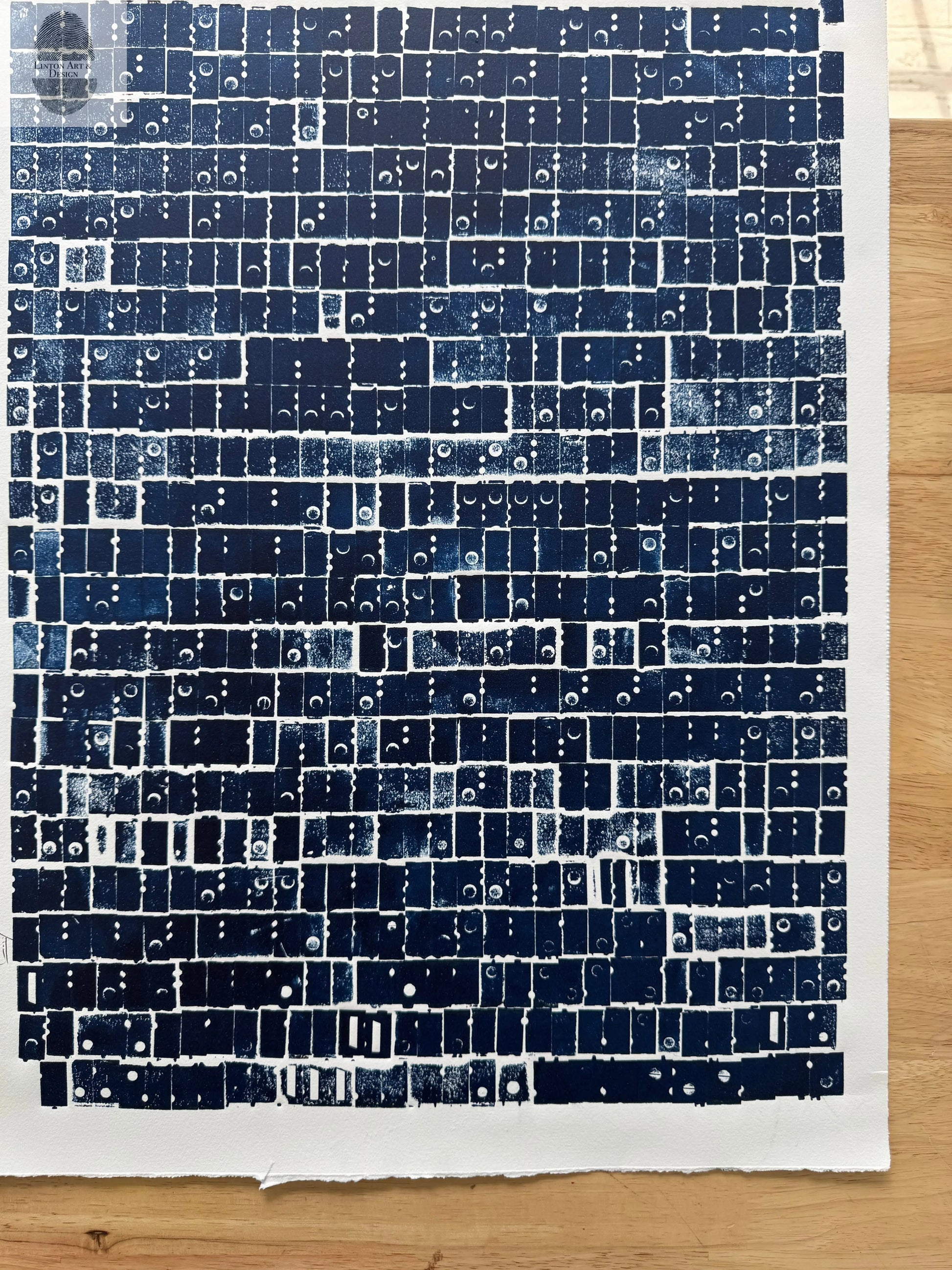 "Pattern Seeking" Abstract Navy Blue Letter Type, Monotype, 18.5X24 Inches lintonart