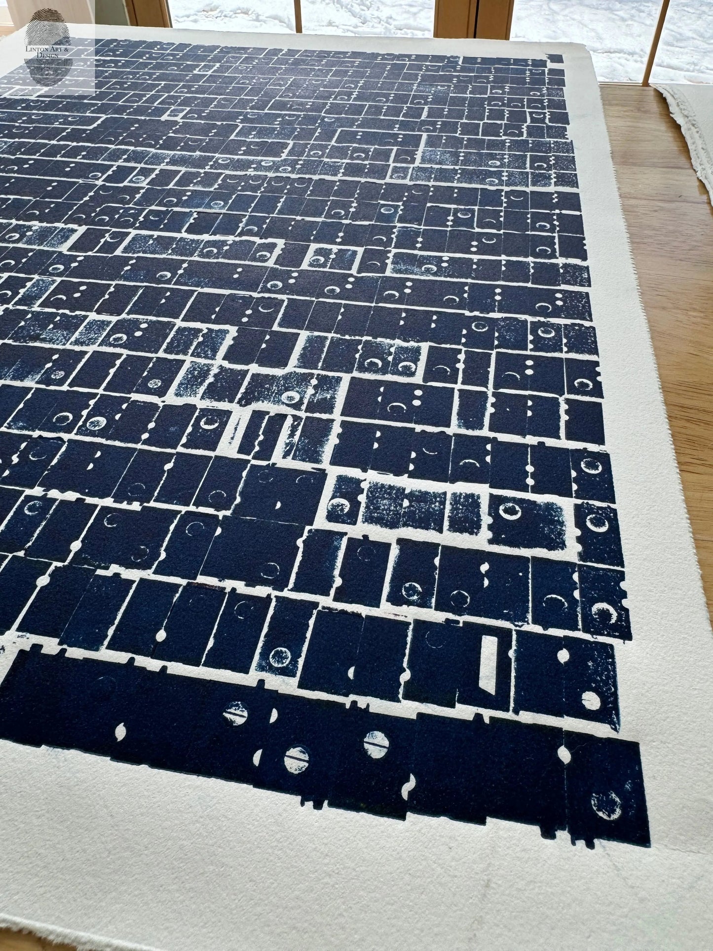 "Pattern Seeking" Abstract Navy Blue Letter Type, Monotype, 18.5X24 Inches lintonart