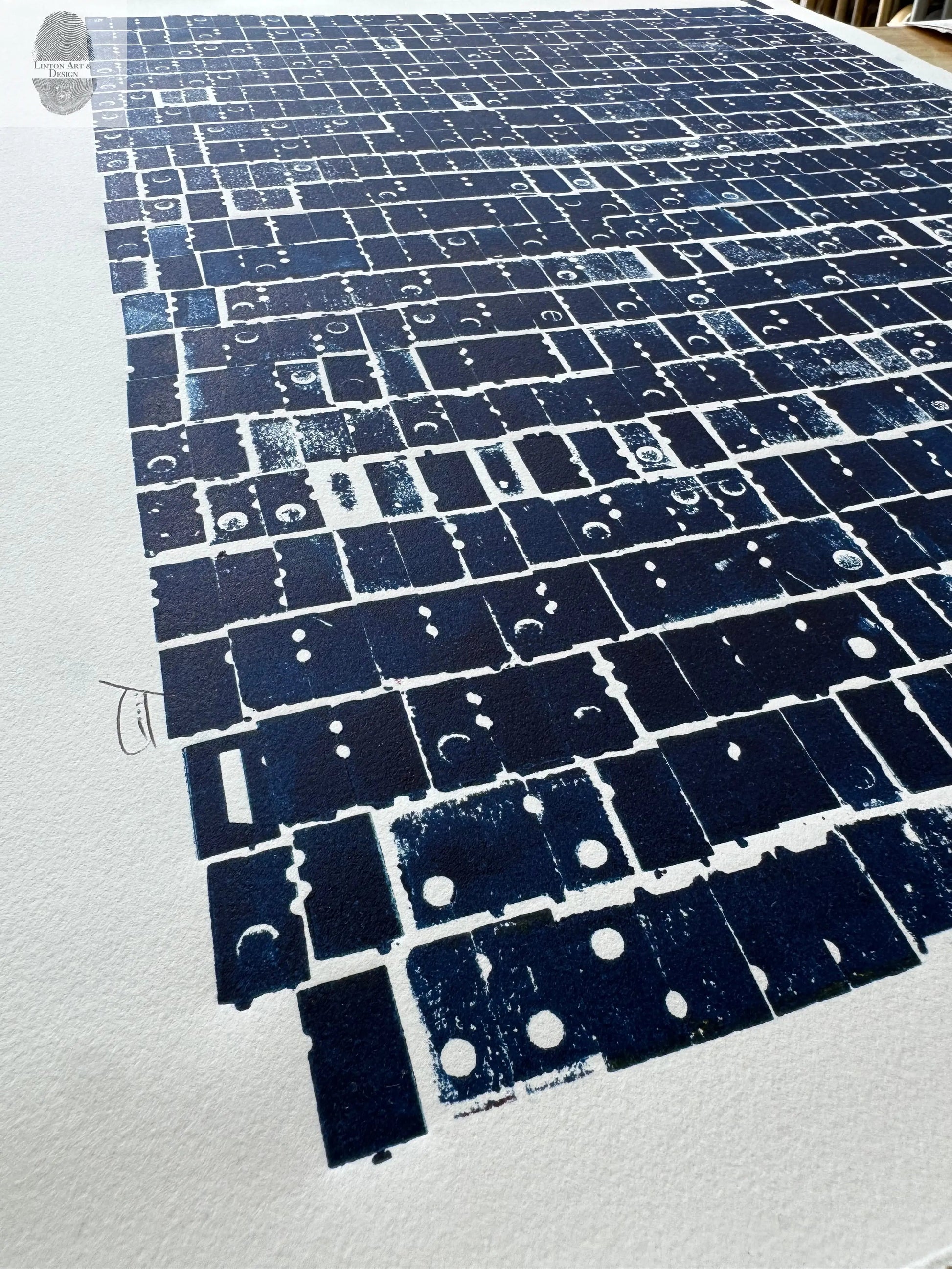 "Pattern Seeking" Abstract Navy Blue Letter Type, Monotype, 18.5X24 Inches lintonart