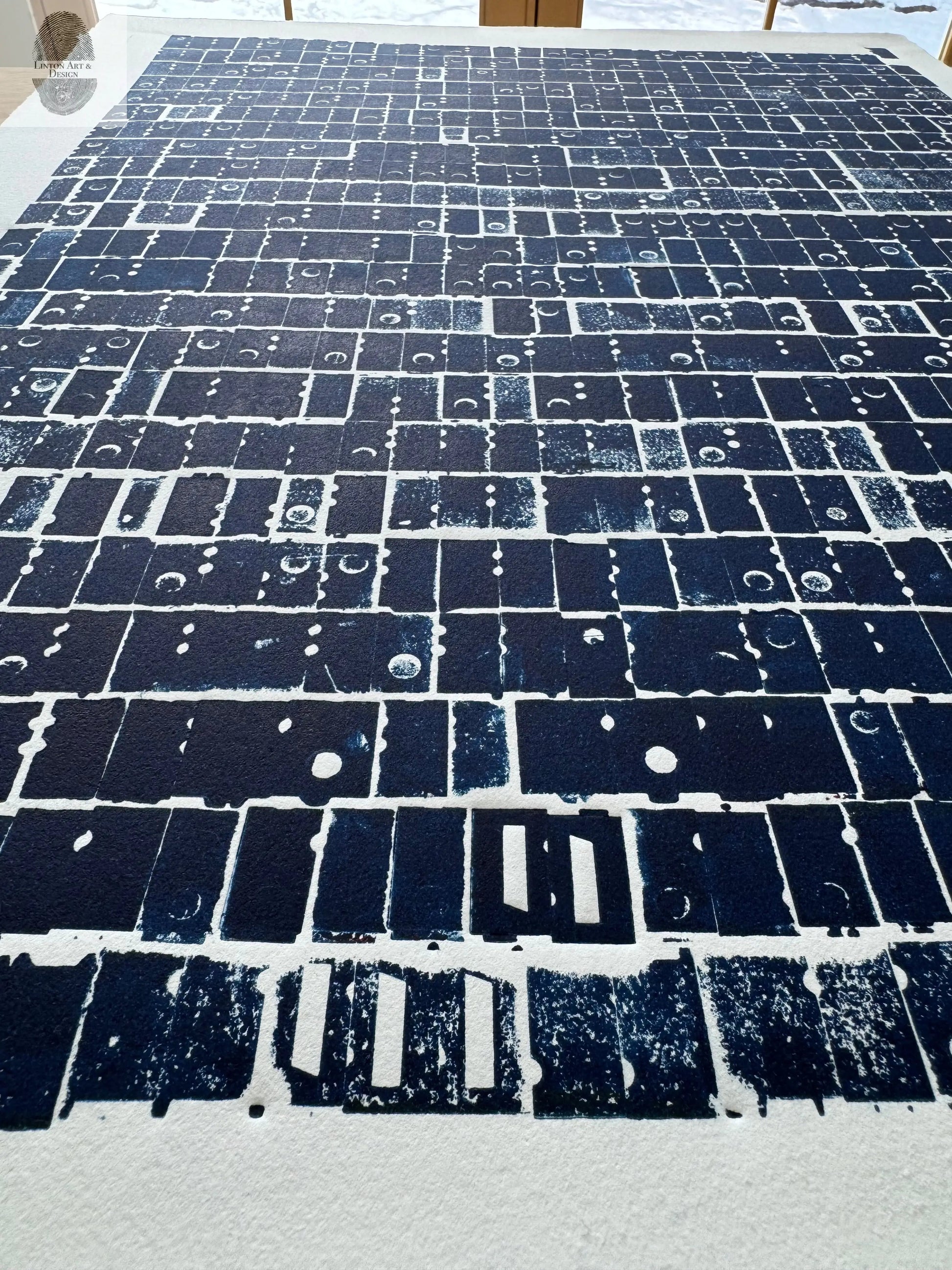 "Pattern Seeking" Abstract Navy Blue Letter Type, Monotype, 18.5X24 Inches lintonart