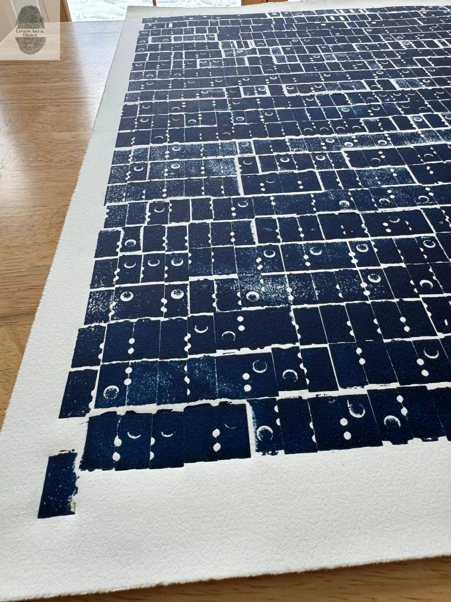 "Pattern Seeking" Abstract Navy Blue Letter Type, Monotype, 18.5X24 Inches lintonart