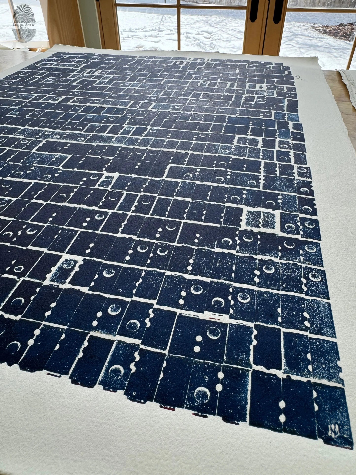 "Pattern Seeking" Abstract Navy Blue Letter Type, Monotype, 18.5X24 Inches lintonart