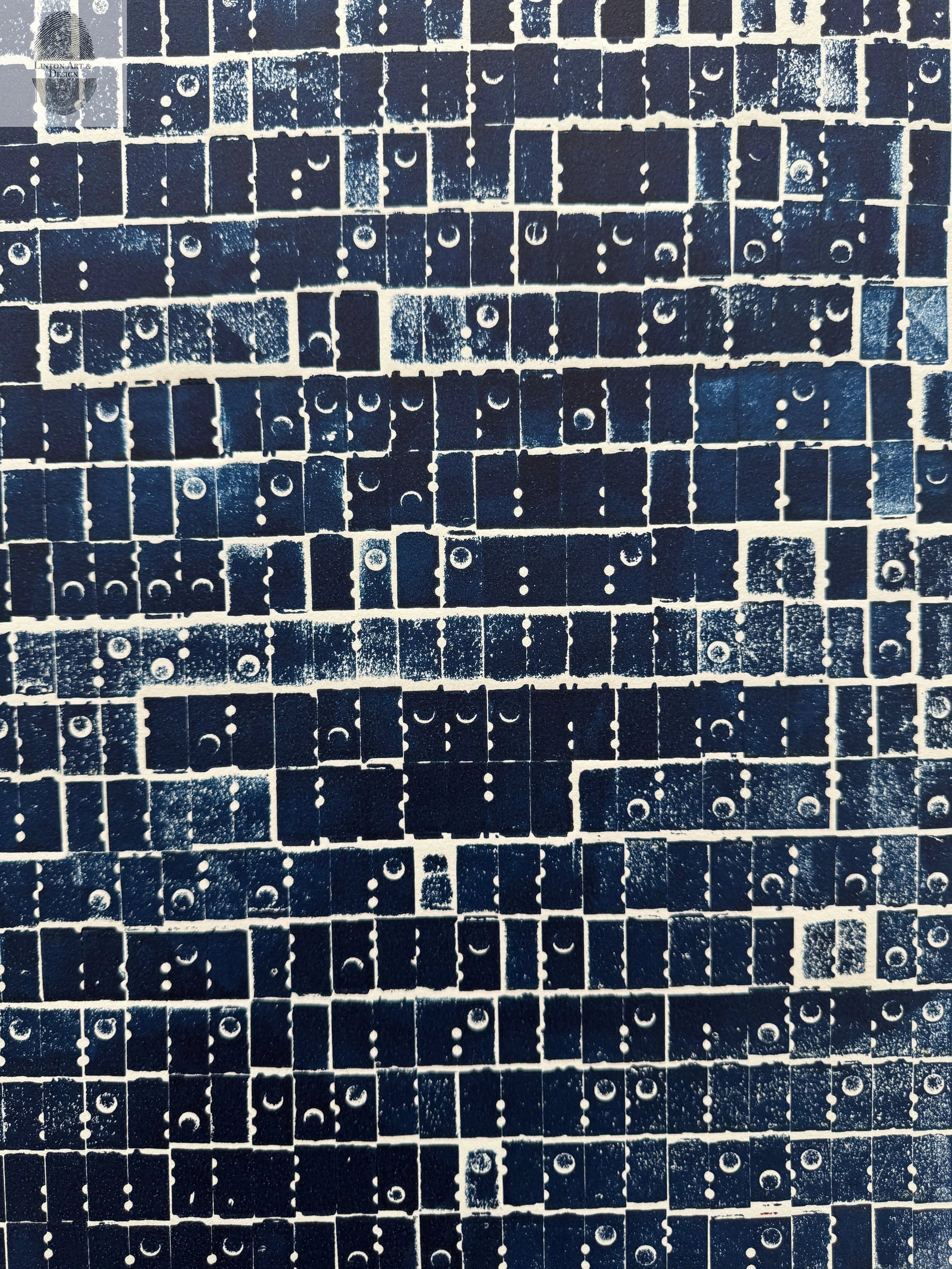 "Pattern Seeking" Abstract Navy Blue Letter Type, Monotype, 18.5X24 Inches lintonart