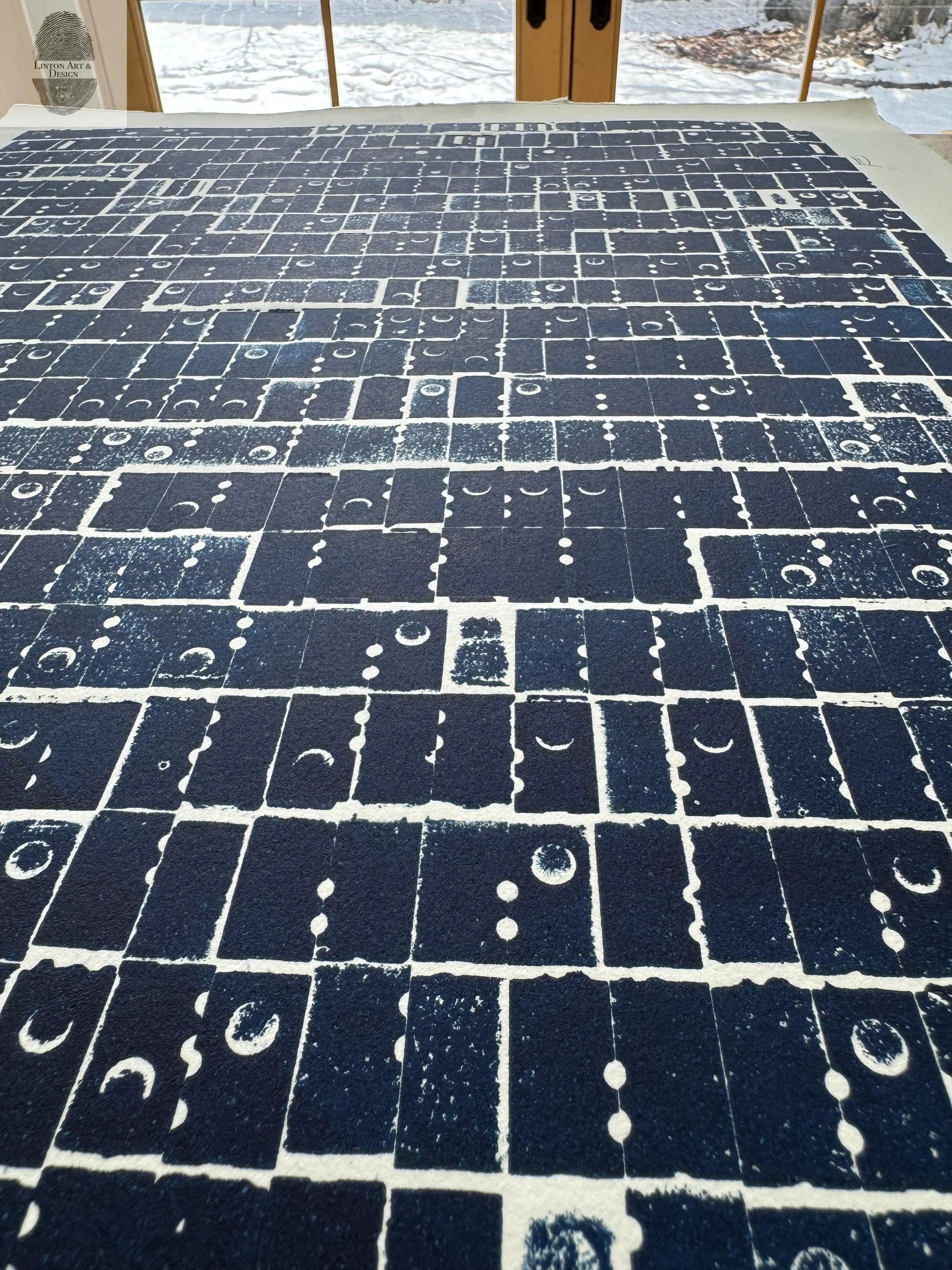 "Pattern Seeking" Abstract Navy Blue Letter Type, Monotype, 18.5X24 Inches lintonart