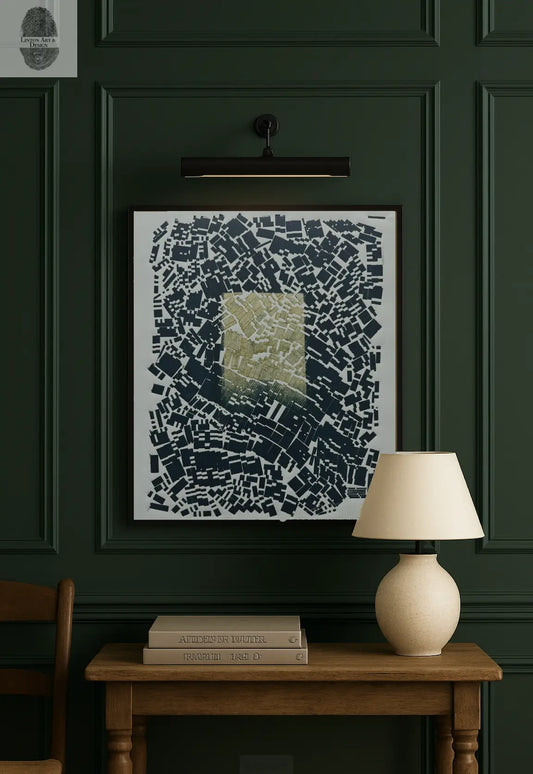 "Pattern Seeking" Abstract Navy Blue Letter Type, Monotype, 14x75x18.75 inches lintonart