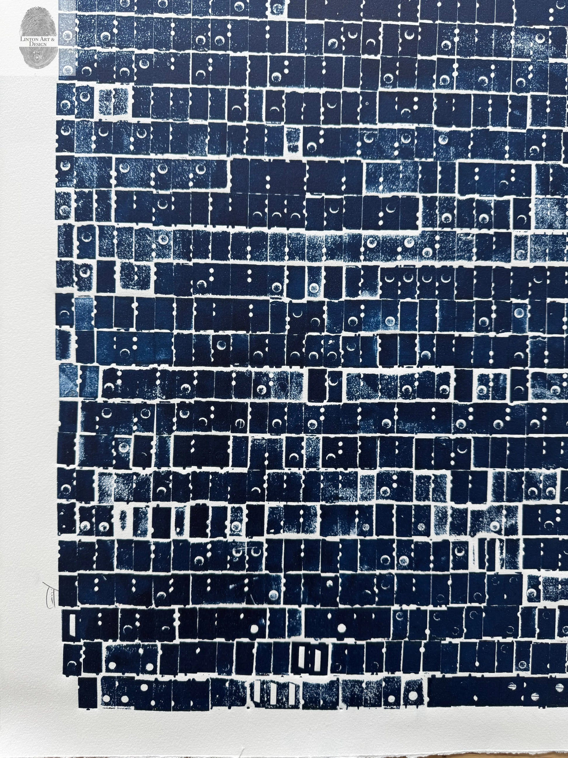"Pattern Seeking" Abstract Navy Blue Letter Type, Monotype, 18.5X24 Inches lintonart