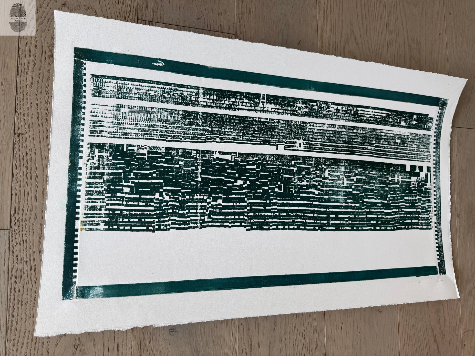 "Read Between The Lines" Abstract Forest Green Letter Type, Monotype, 24.5x34.5 Inches (Copy) lintonart