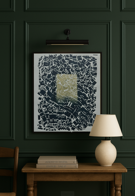 "Pattern Seeking" Abstract Navy Blue Letter Type, Monotype, 14x75x18.75 inches