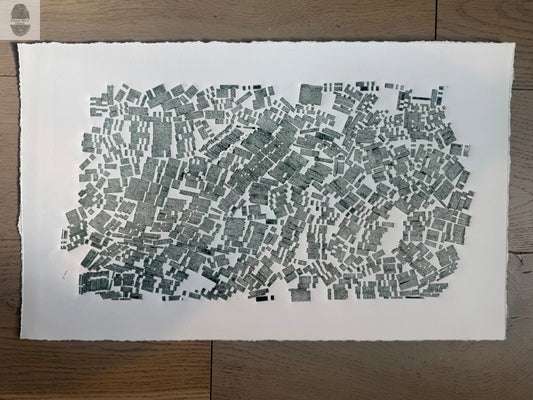 "Shaken Not Stirred" Abstract Green letter Type MonoPrint 22x13.5 inches lintonart