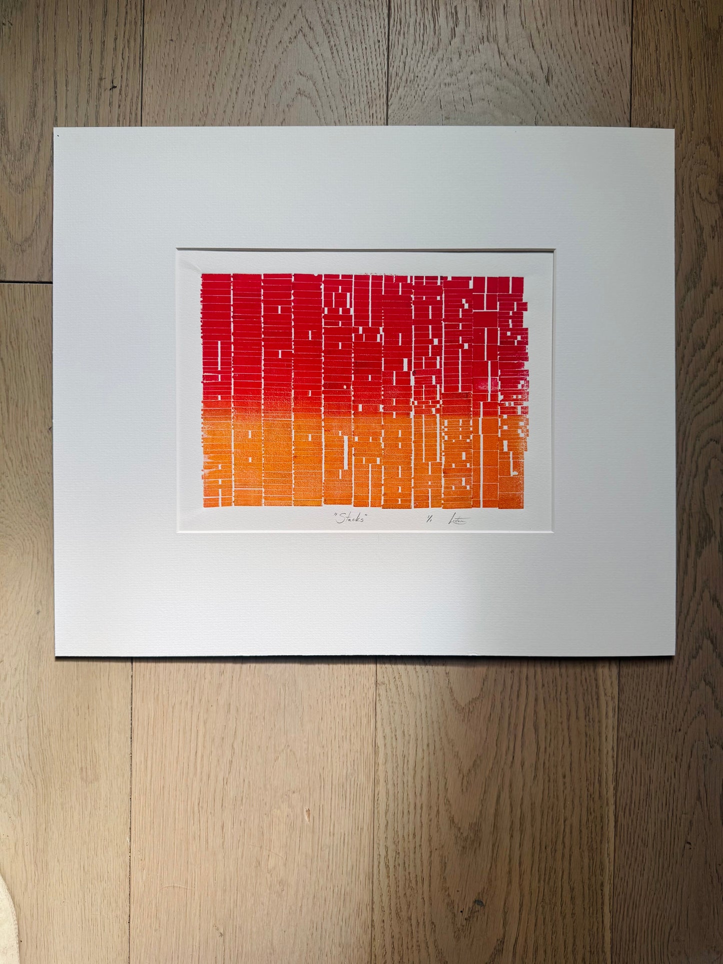 "Stacks" Abstract Red and Orange Letter Type MonoPrint 19x16 inches. Matted