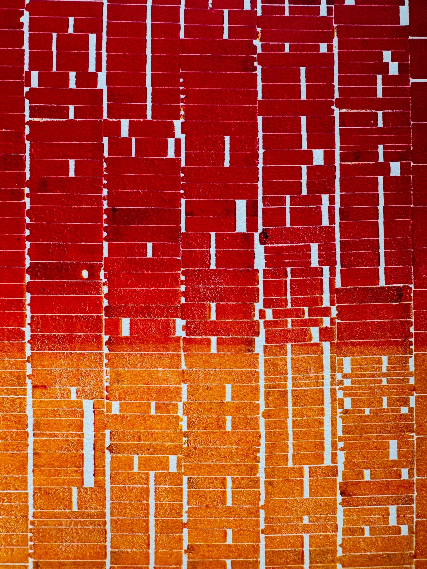 "Stacks" Abstract Red and Orange Letter Type MonoPrint 19x16 inches. Matted