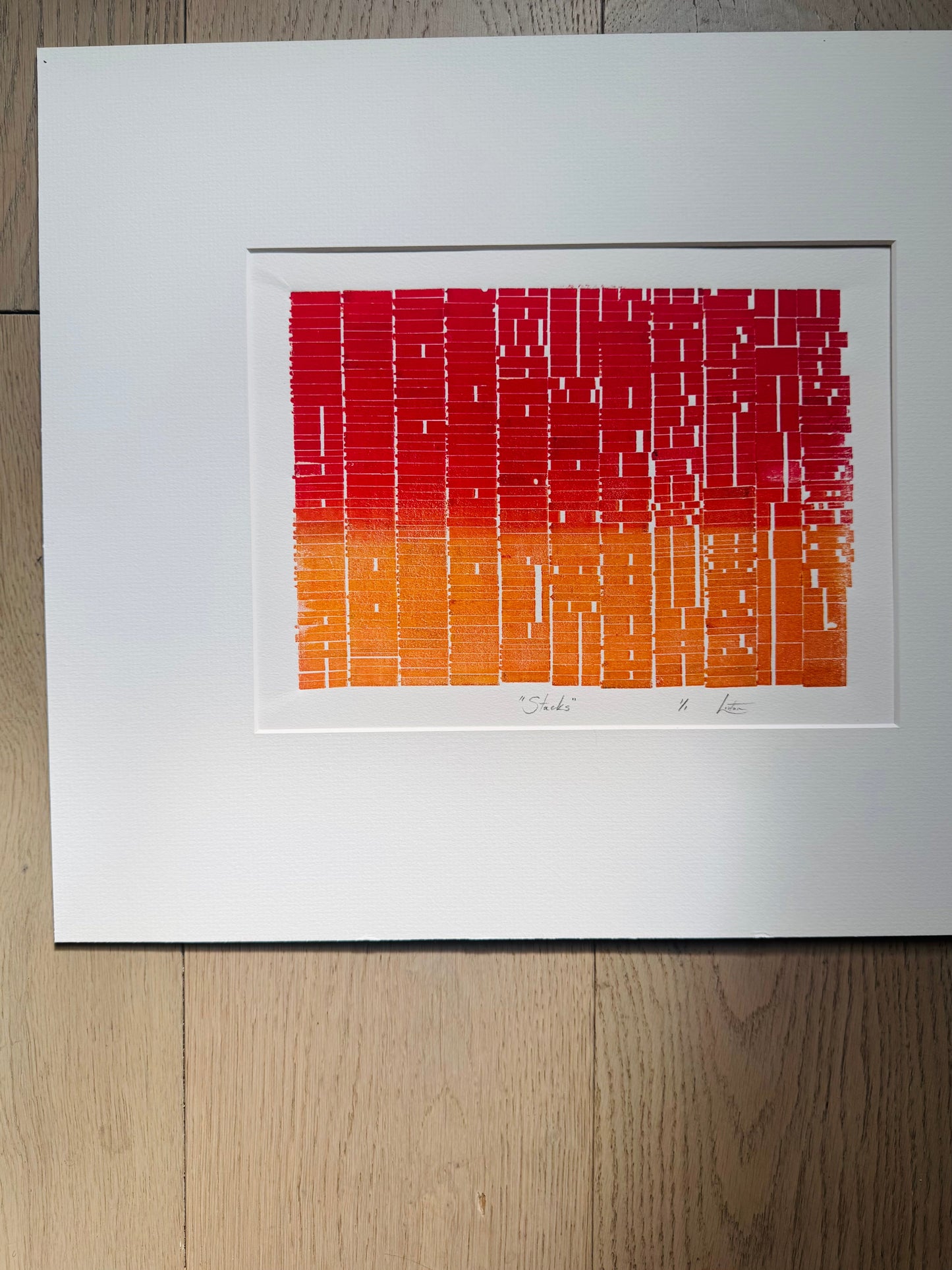 "Stacks" Abstract Red and Orange Letter Type MonoPrint 19x16 inches. Matted