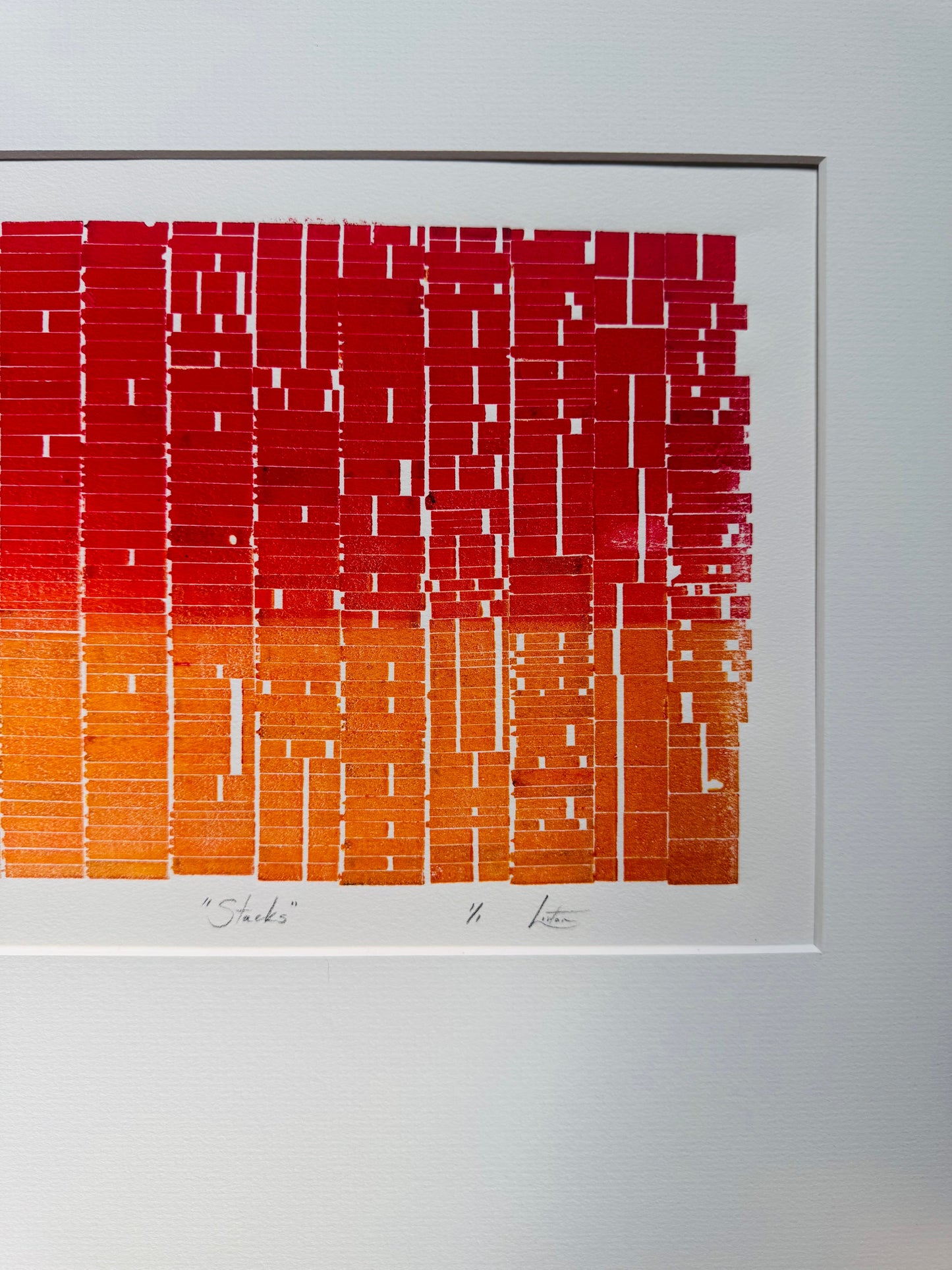 "Stacks" Abstract Red and Orange Letter Type MonoPrint 19x16 inches. Matted
