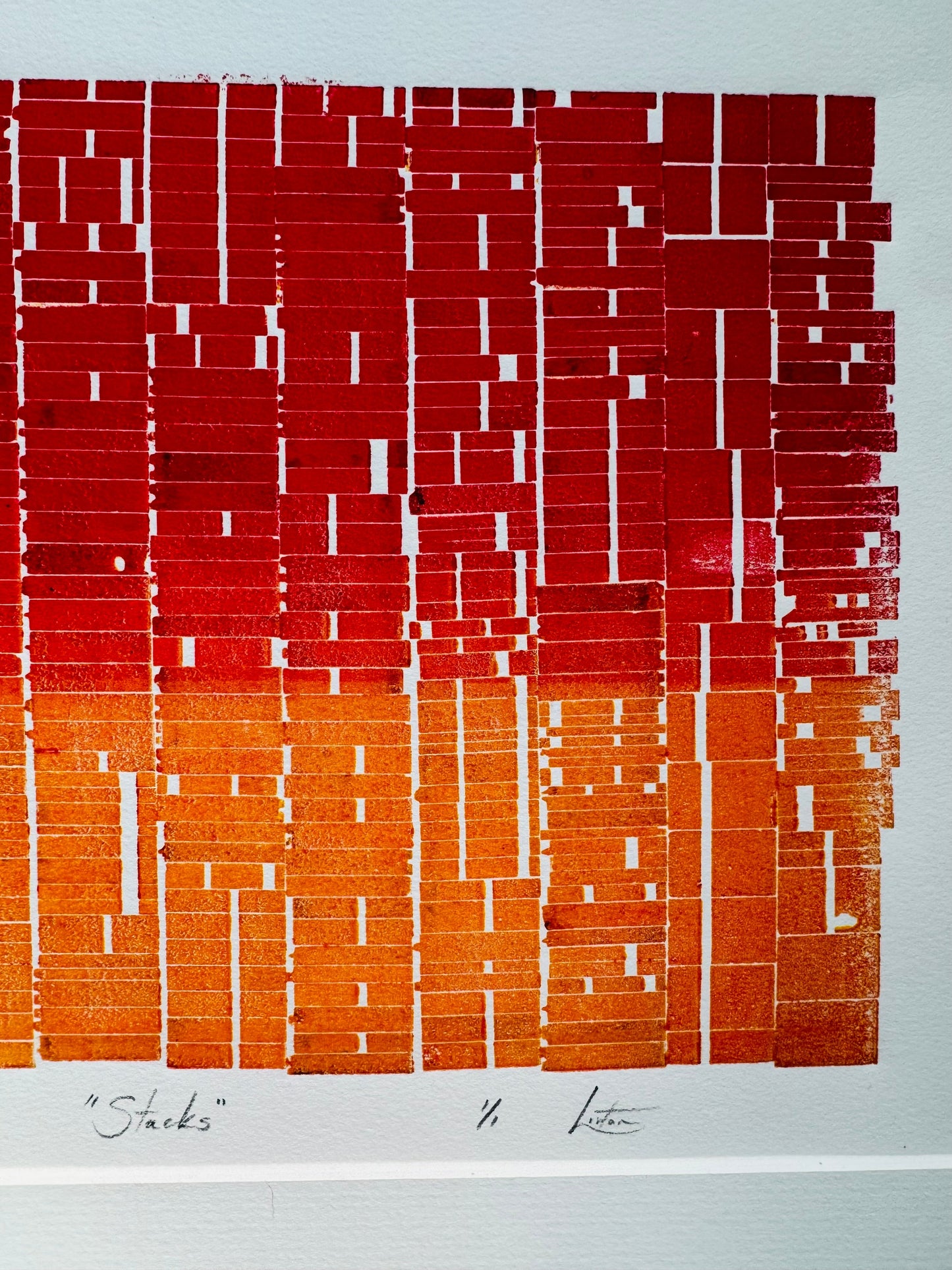 "Stacks" Abstract Red and Orange Letter Type MonoPrint 19x16 inches. Matted