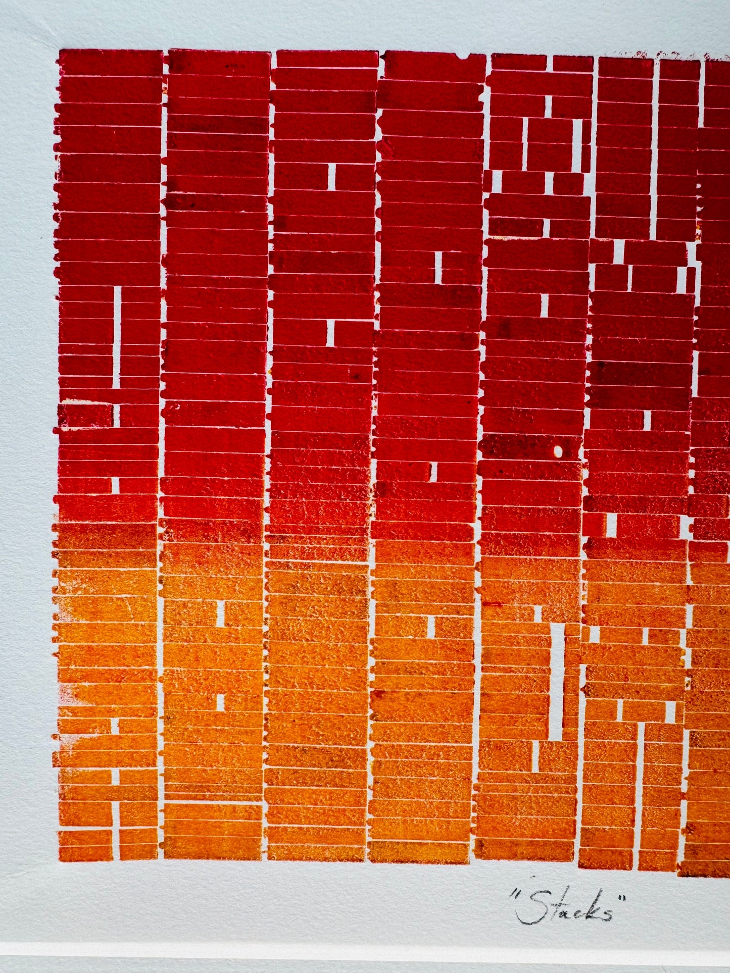 "Stacks" Abstract Red and Orange Letter Type MonoPrint 19x16 inches. Matted