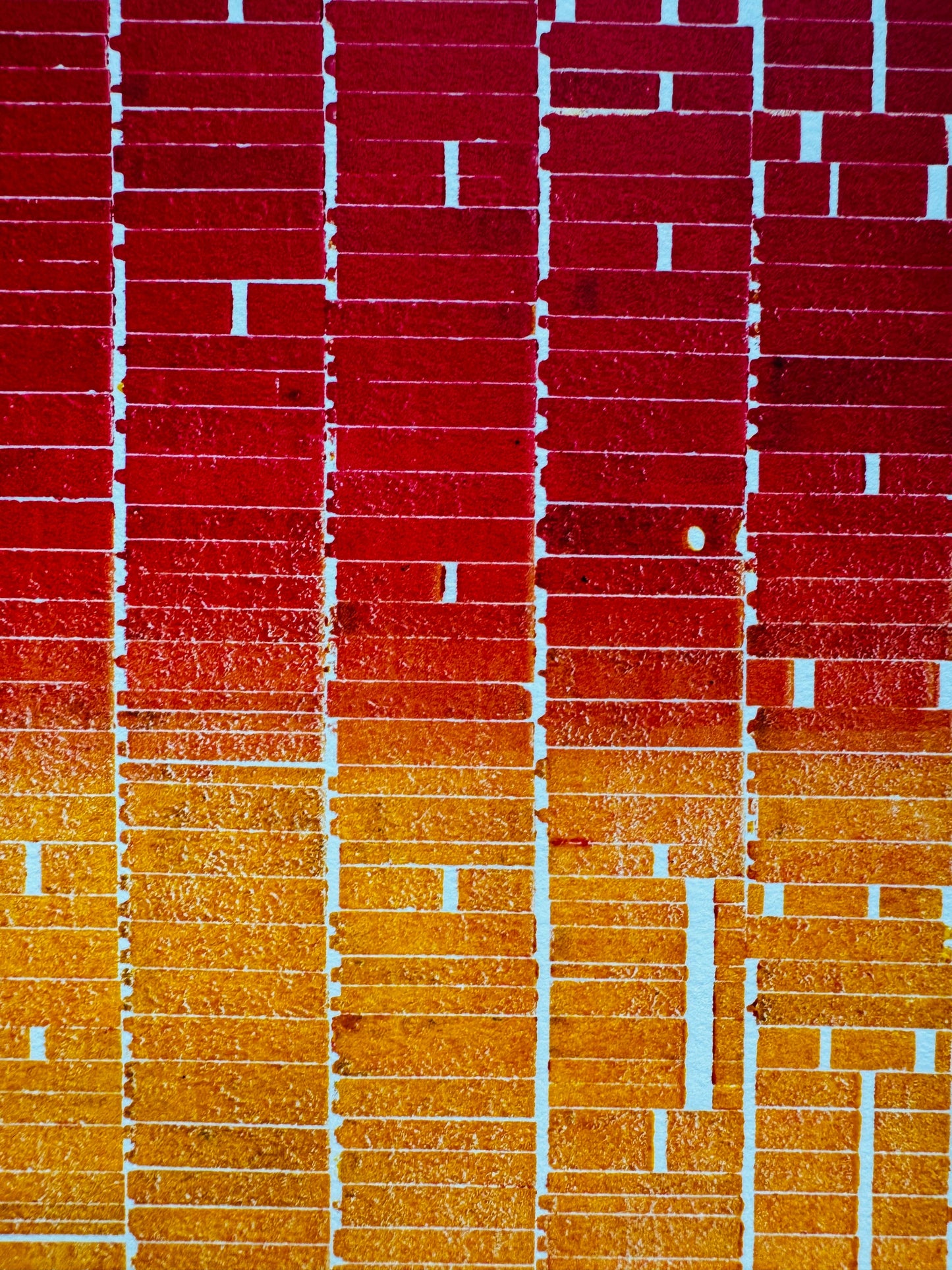 "Stacks" Abstract Red and Orange Letter Type MonoPrint 19x16 inches. Matted