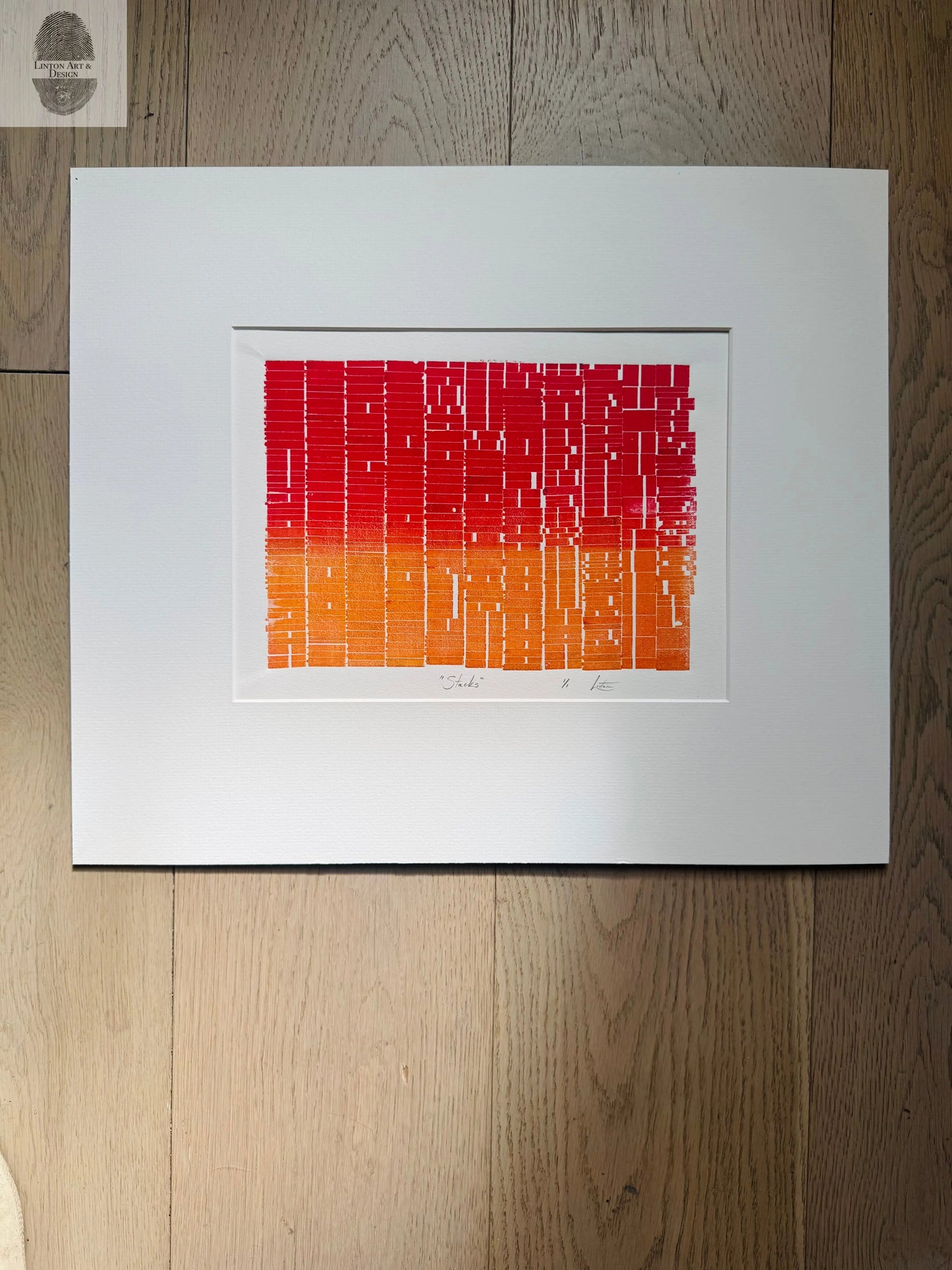 "Stacks" Abstract Red and Orange Letter Type MonoPrint 19x16 inches. Matted lintonart