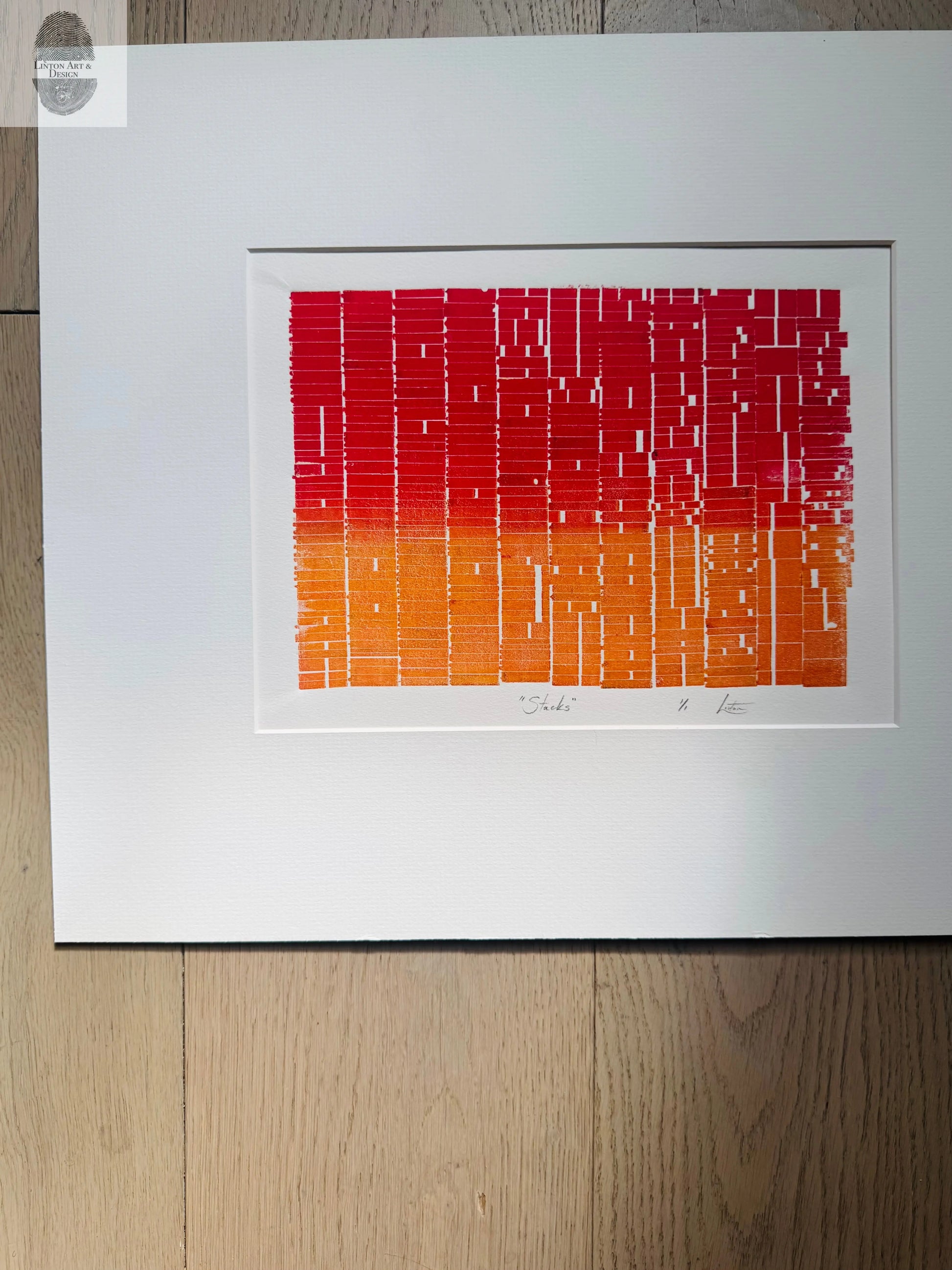 "Stacks" Abstract Red and Orange Letter Type MonoPrint 19x16 inches. Matted lintonart