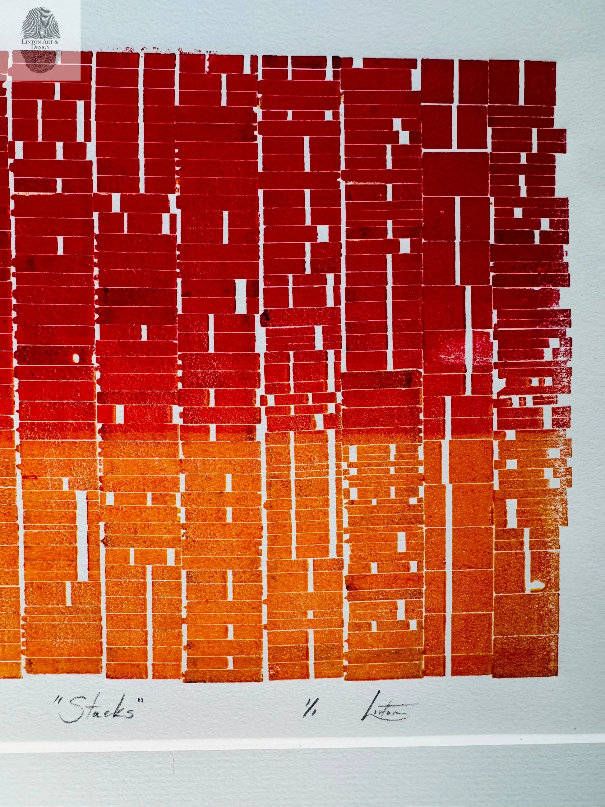 "Stacks" Abstract Red and Orange Letter Type MonoPrint 19x16 inches. Matted lintonart