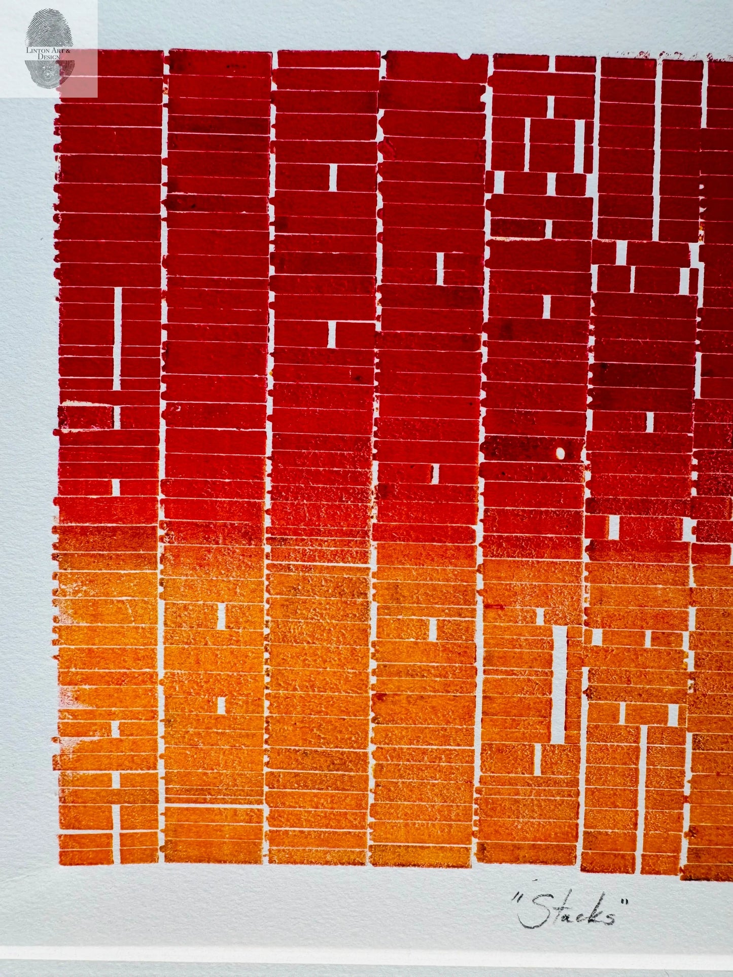 "Stacks" Abstract Red and Orange Letter Type MonoPrint 19x16 inches. Matted lintonart