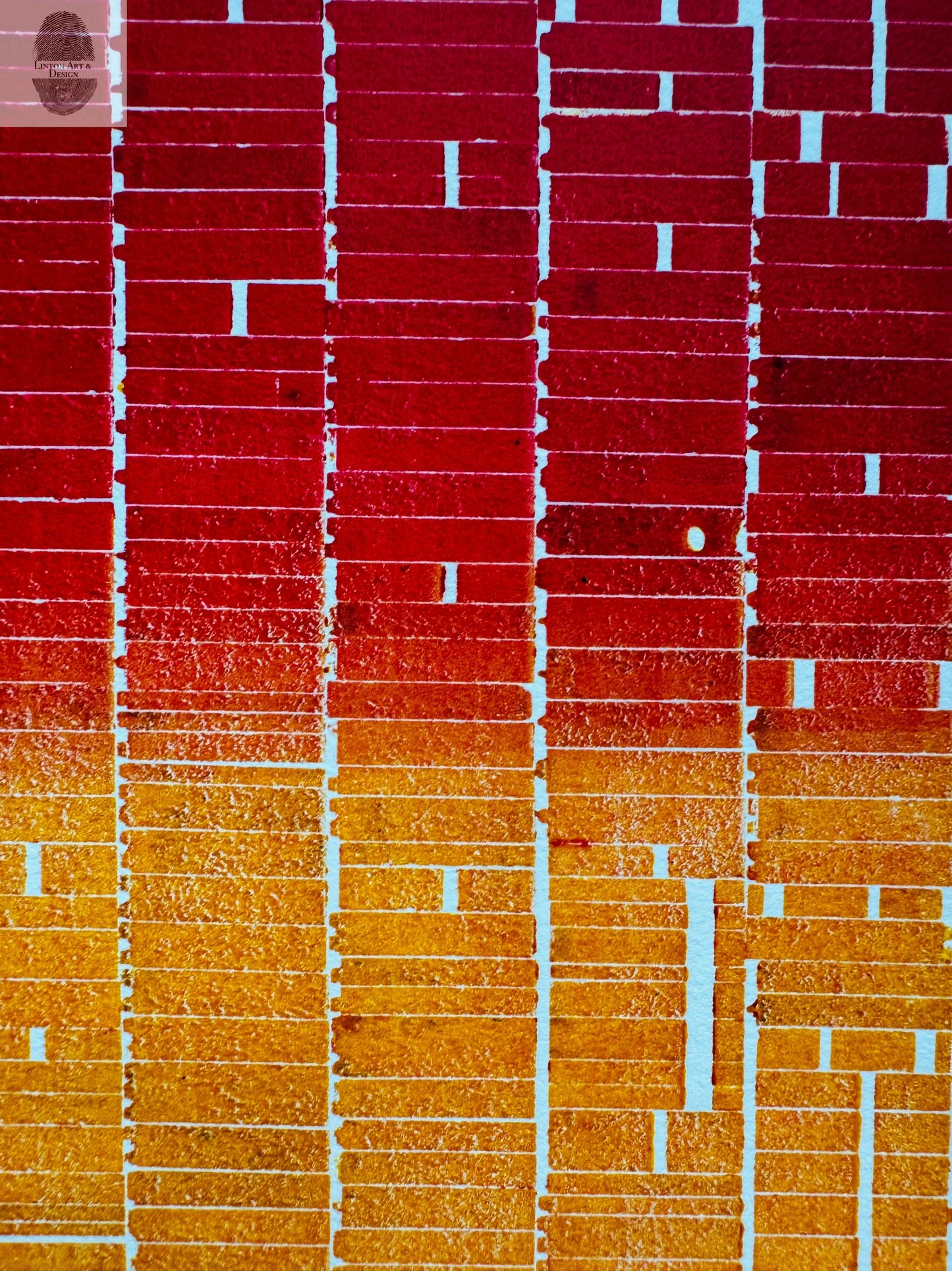 "Stacks" Abstract Red and Orange Letter Type MonoPrint 19x16 inches. Matted lintonart