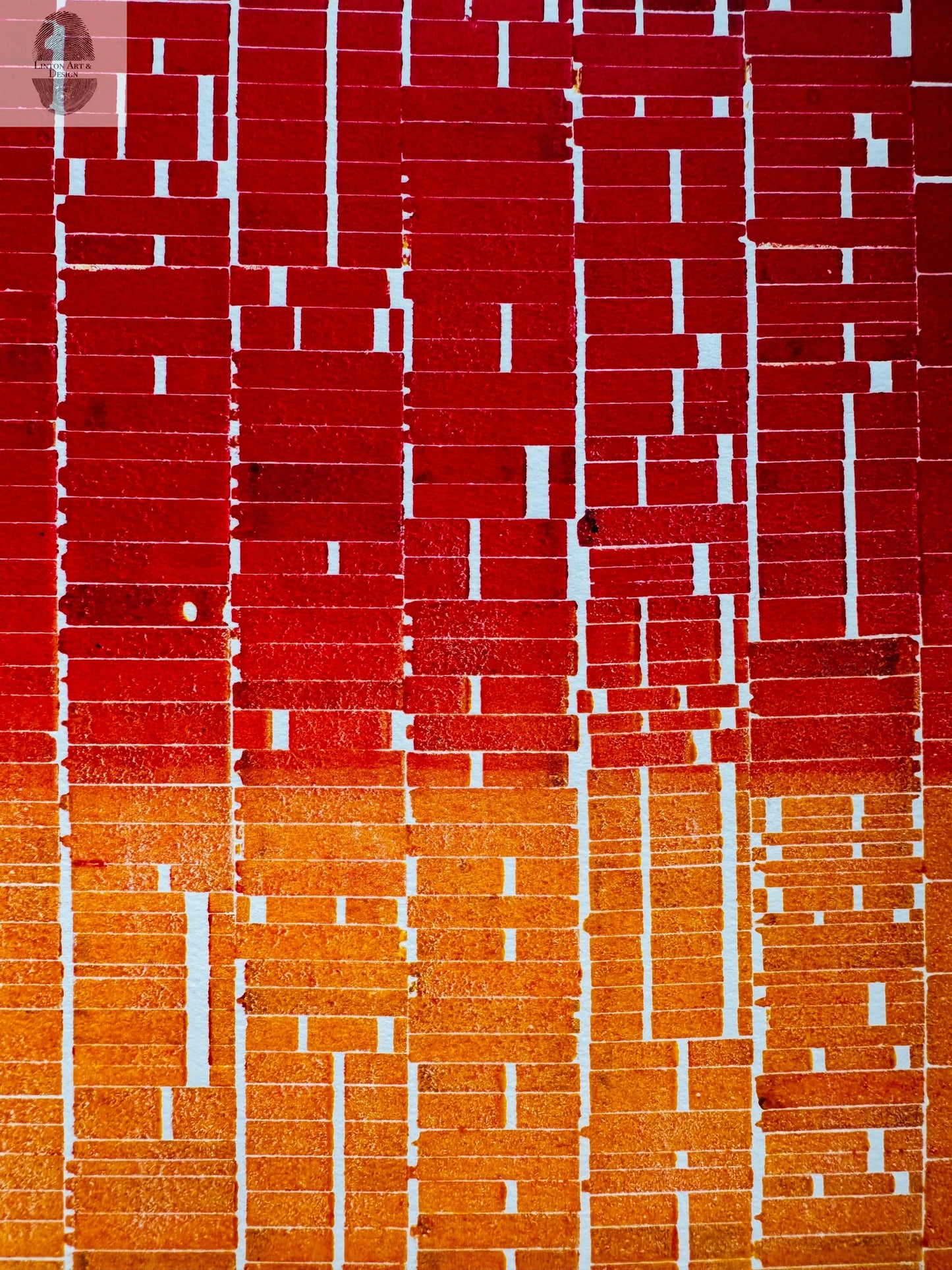 "Stacks" Abstract Red and Orange Letter Type MonoPrint 19x16 inches. Matted lintonart