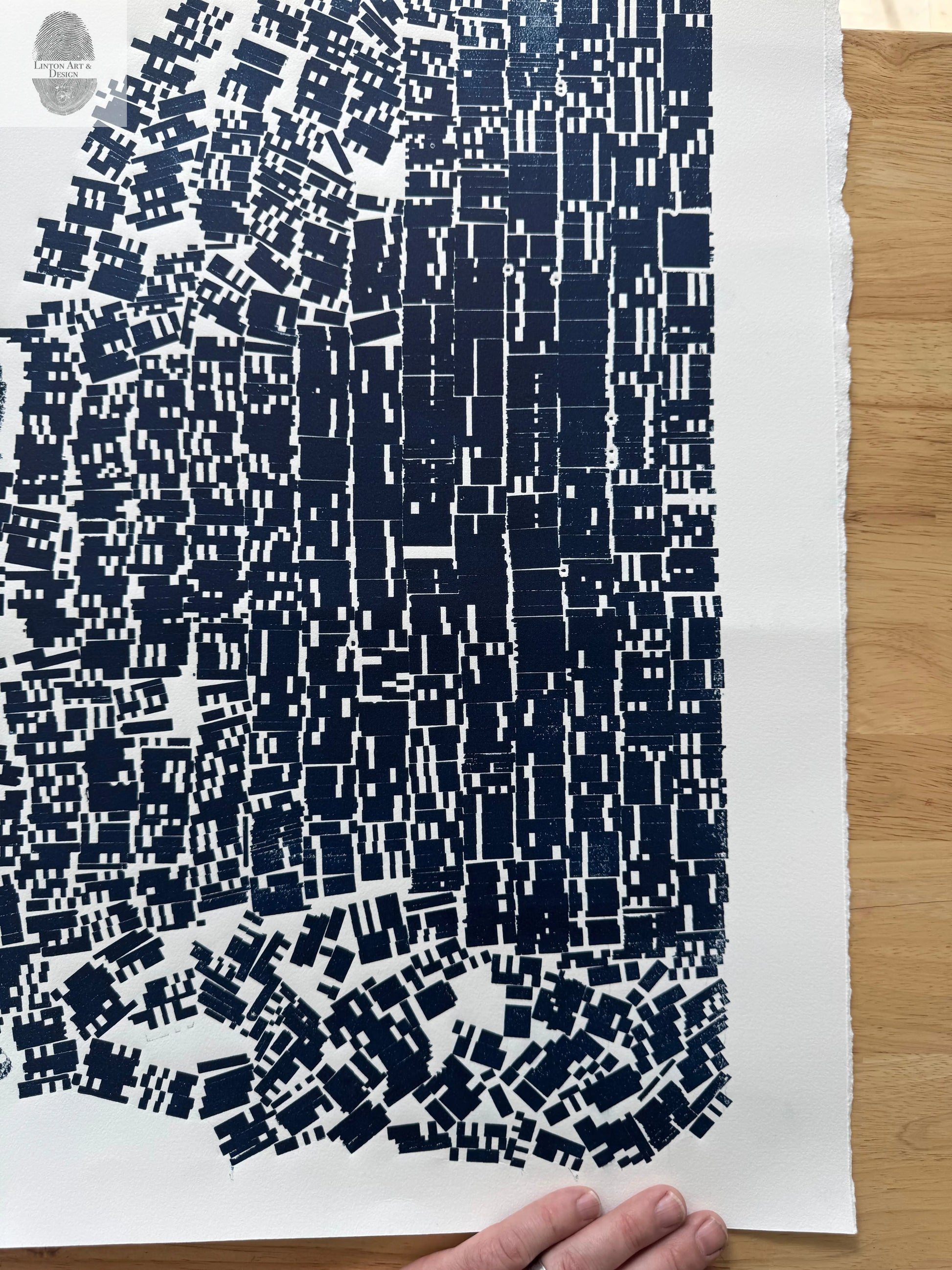 "Tell Me What to Think" Abstract Navy Blue Letter Type, Monotype, 26.25x22 Inches lintonart