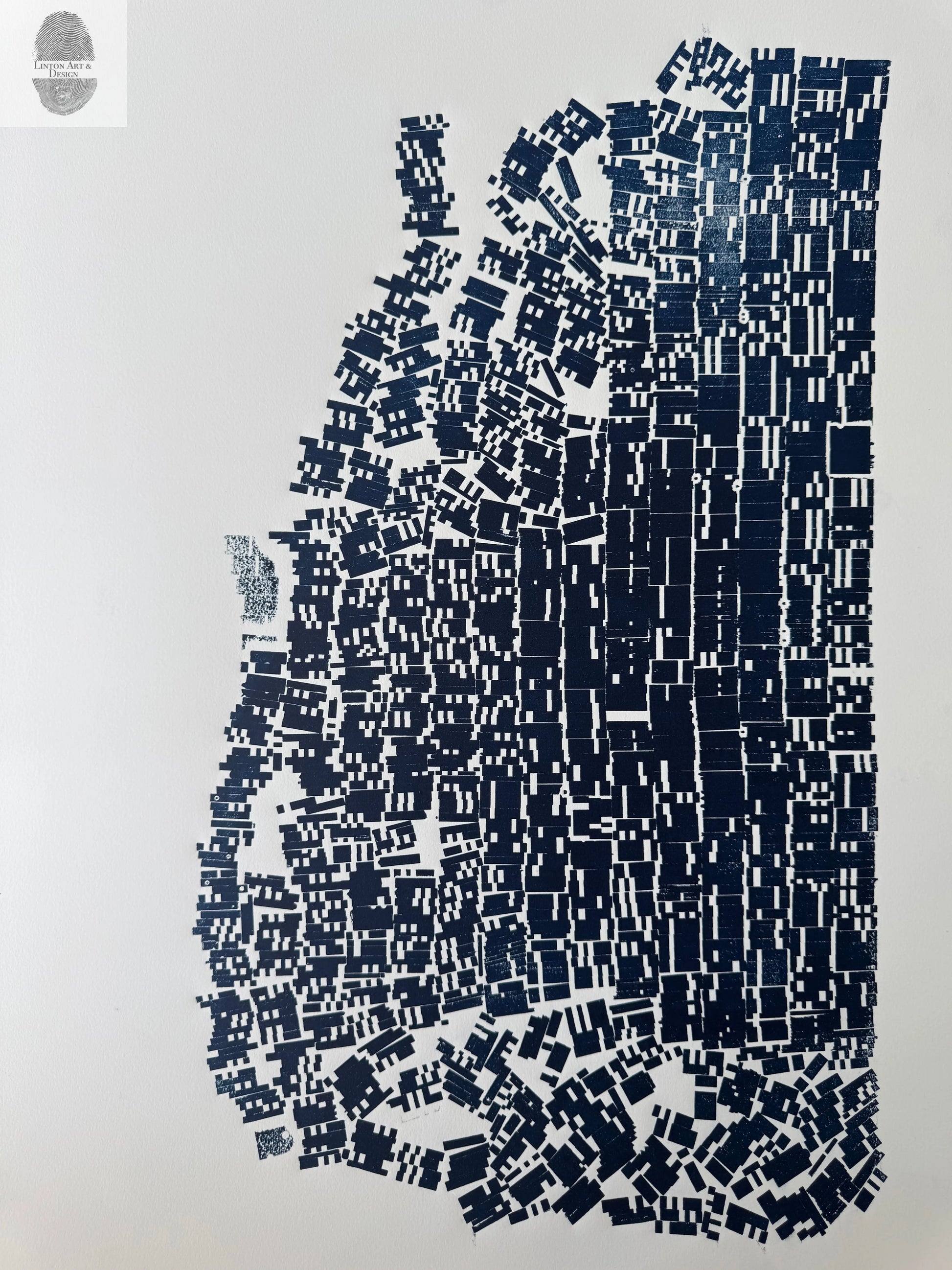 "Tell Me What to Think" Abstract Navy Blue Letter Type, Monotype, 26.25x22 Inches lintonart