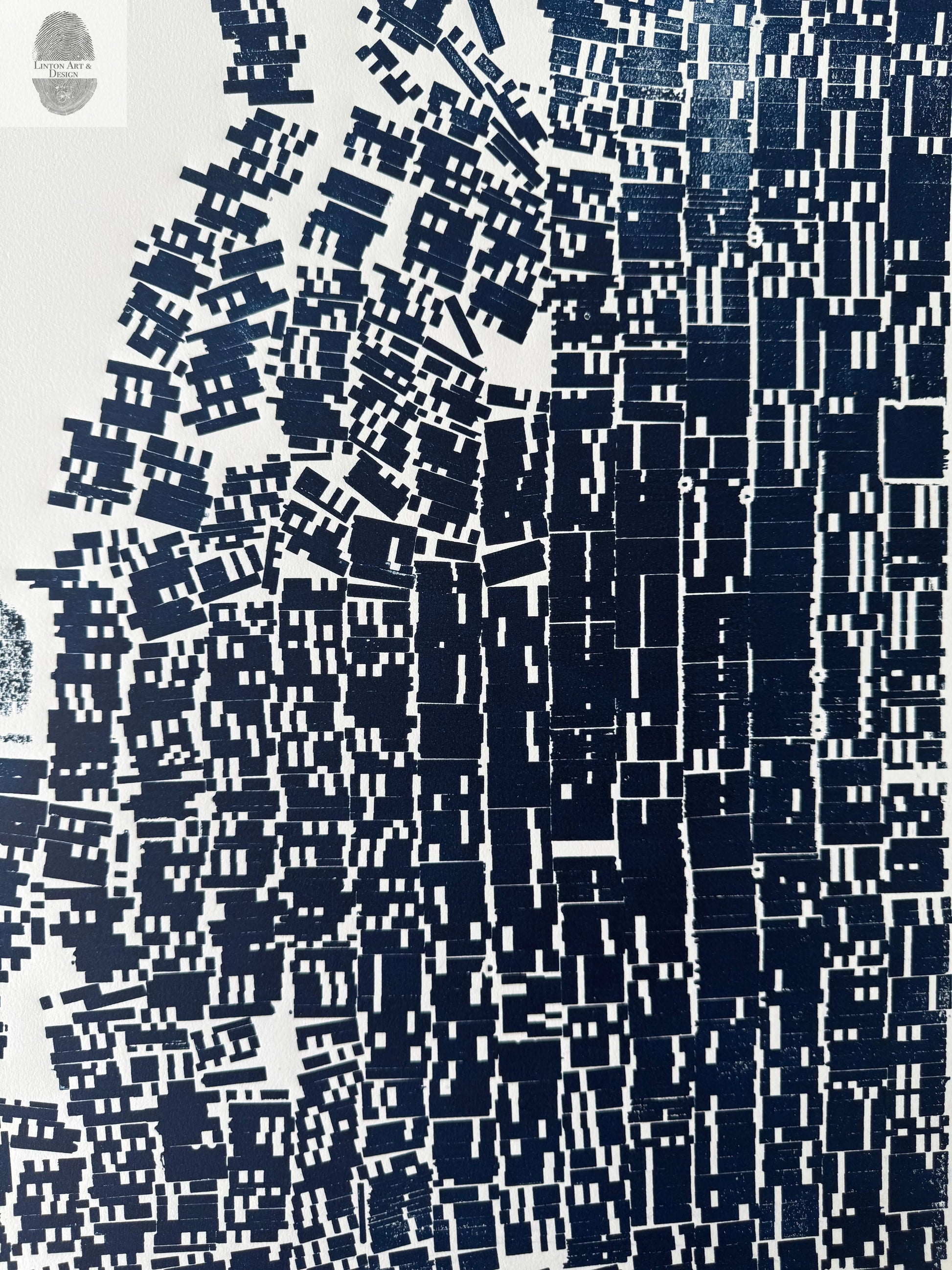 "Tell Me What to Think" Abstract Navy Blue Letter Type, Monotype, 26.25x22 Inches lintonart