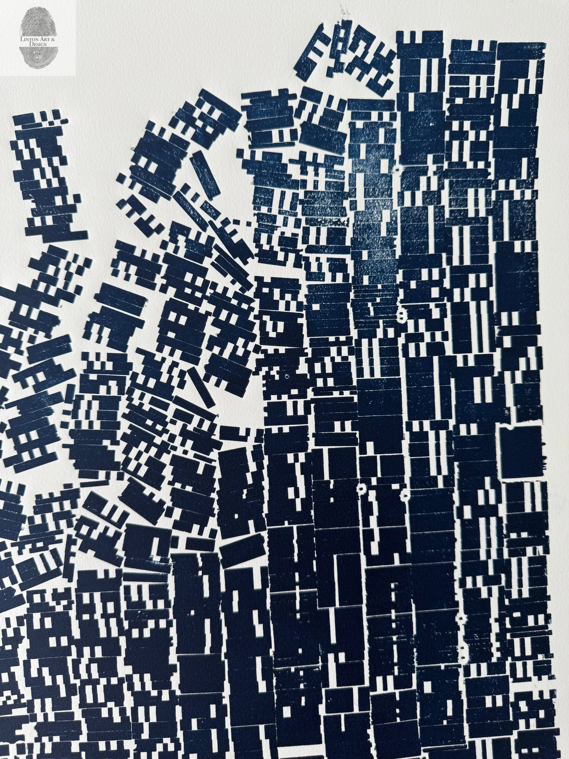 "Tell Me What to Think" Abstract Navy Blue Letter Type, Monotype, 26.25x22 Inches lintonart