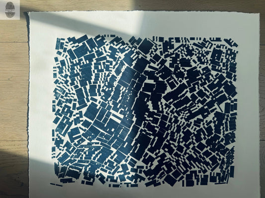 "Traffic Jam" Abstract Blue Letter Type MonoPrint 17.5x15 lintonart
