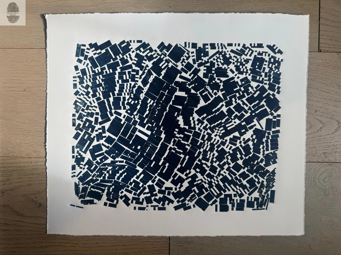 "Traffic Jam" Abstract Blue Letter Type MonoPrint 17.5x15 lintonart