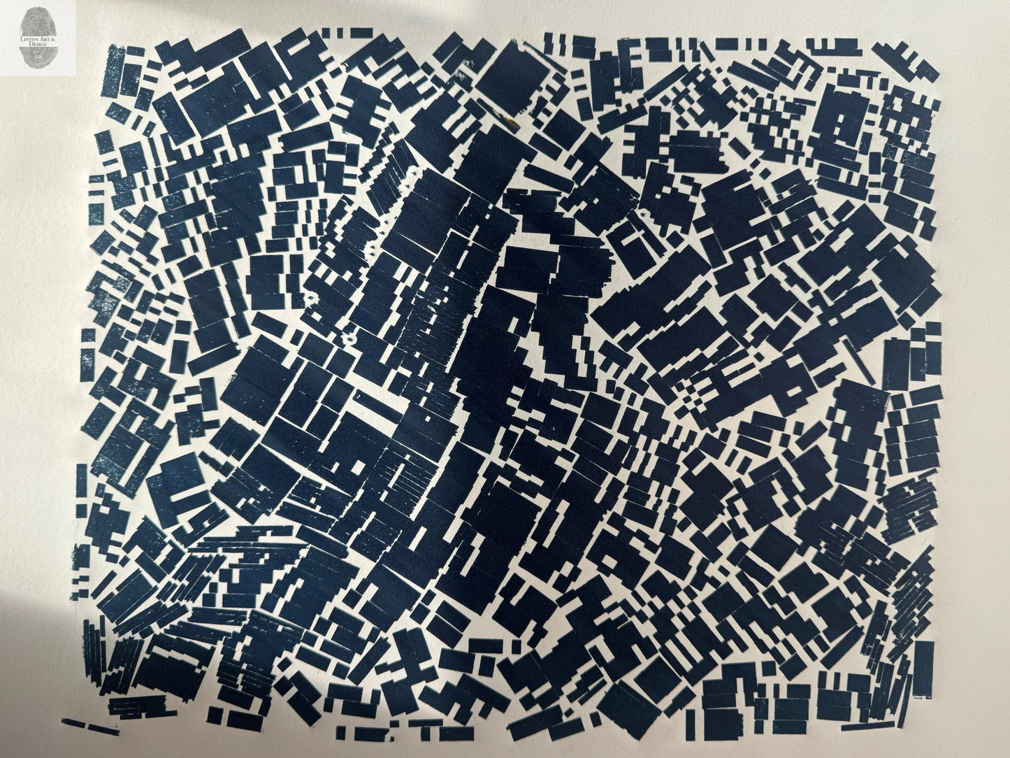 "Traffic Jam" Abstract Blue Letter Type MonoPrint 17.5x15 lintonart