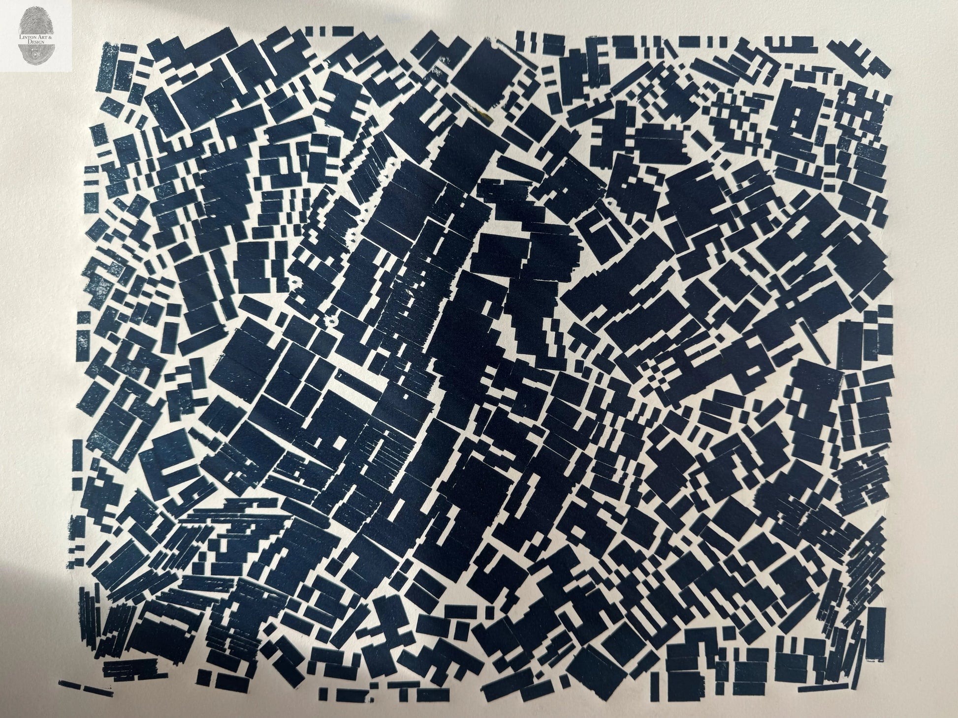 "Traffic Jam" Abstract Blue Letter Type MonoPrint 17.5x15 lintonart