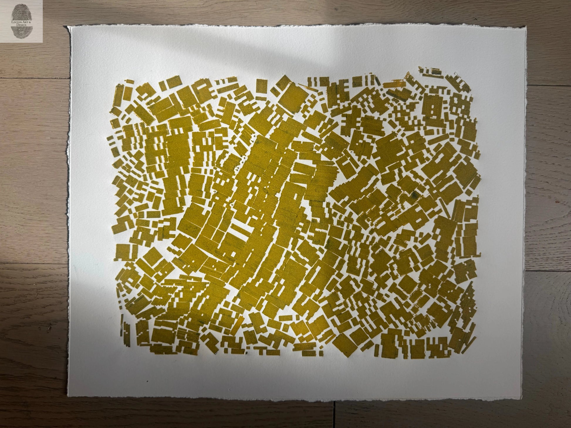 "Scatter Shot" Abstract Yellow Letter Type MonoPrint 18.25x15 lintonart