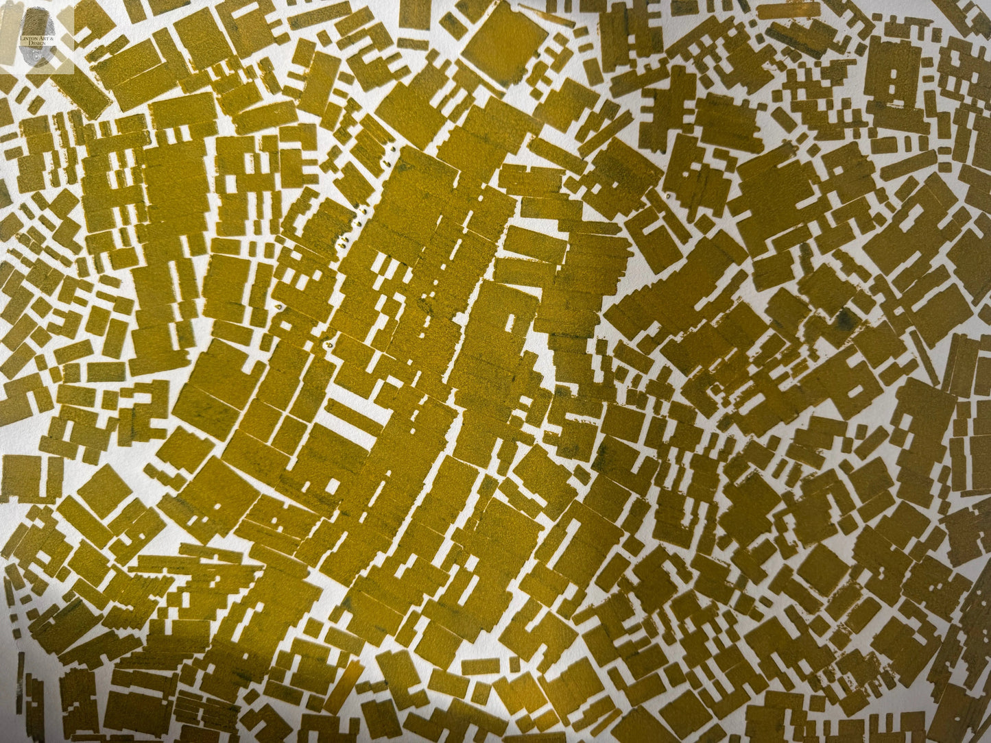 "Scatter Shot" Abstract Yellow Letter Type MonoPrint 18.25x15 lintonart